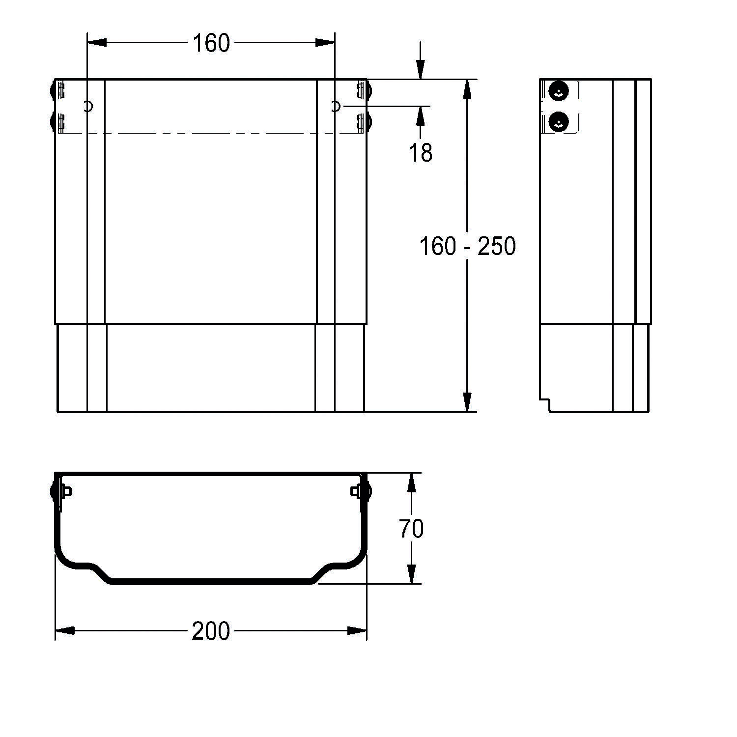 Technische Zeichnung eines rechteckigen Objekts mit Abmessungen: 160 mm Breite, 160-250 mm Höhe und 200 mm Tiefe; enthält Seiten- und Frontansicht.