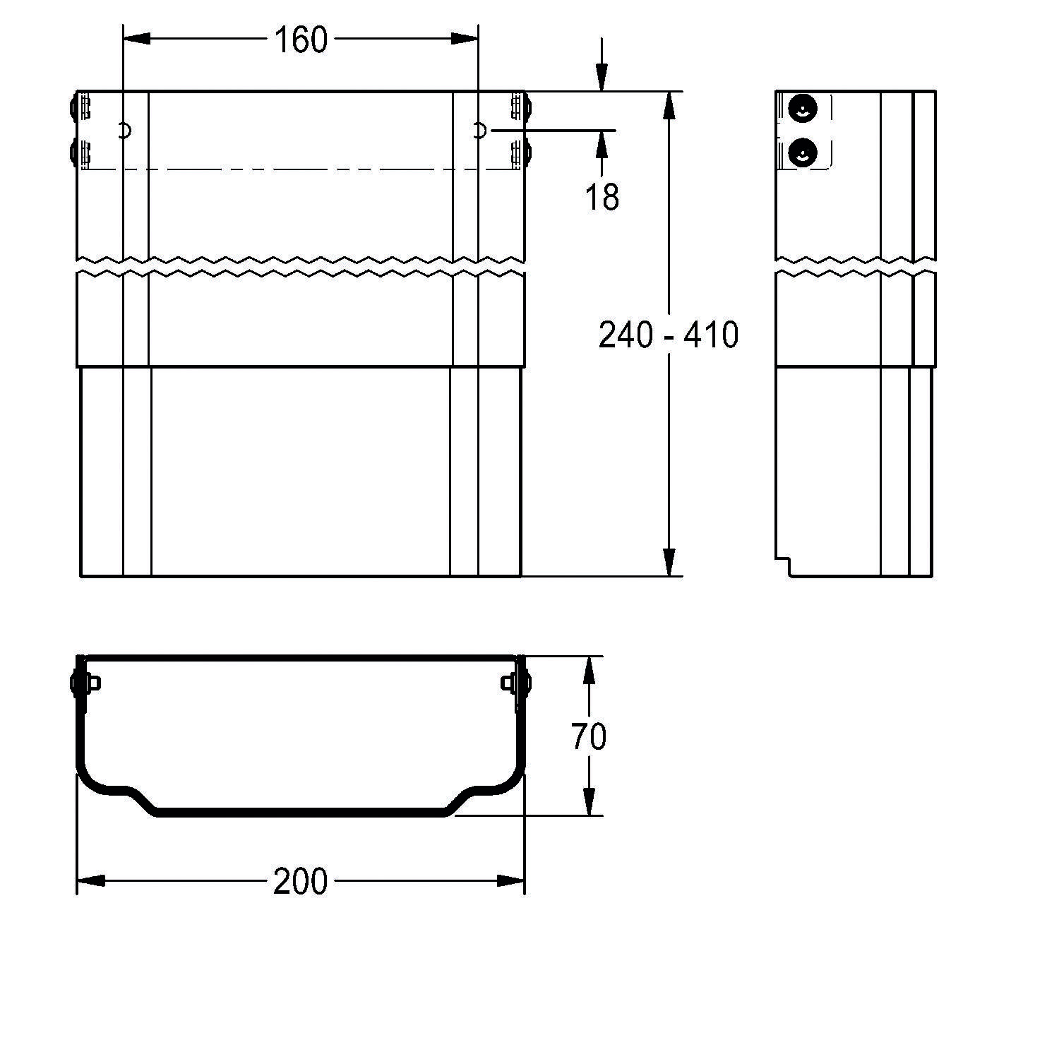 Technische Zeichnung mit Maßangaben für ein mechanisches Bauteil. Draufsicht: Breite 160, Höhe 240-410 mit 18 Versatz. Seitenansicht: Höhe 70, Breite 200.