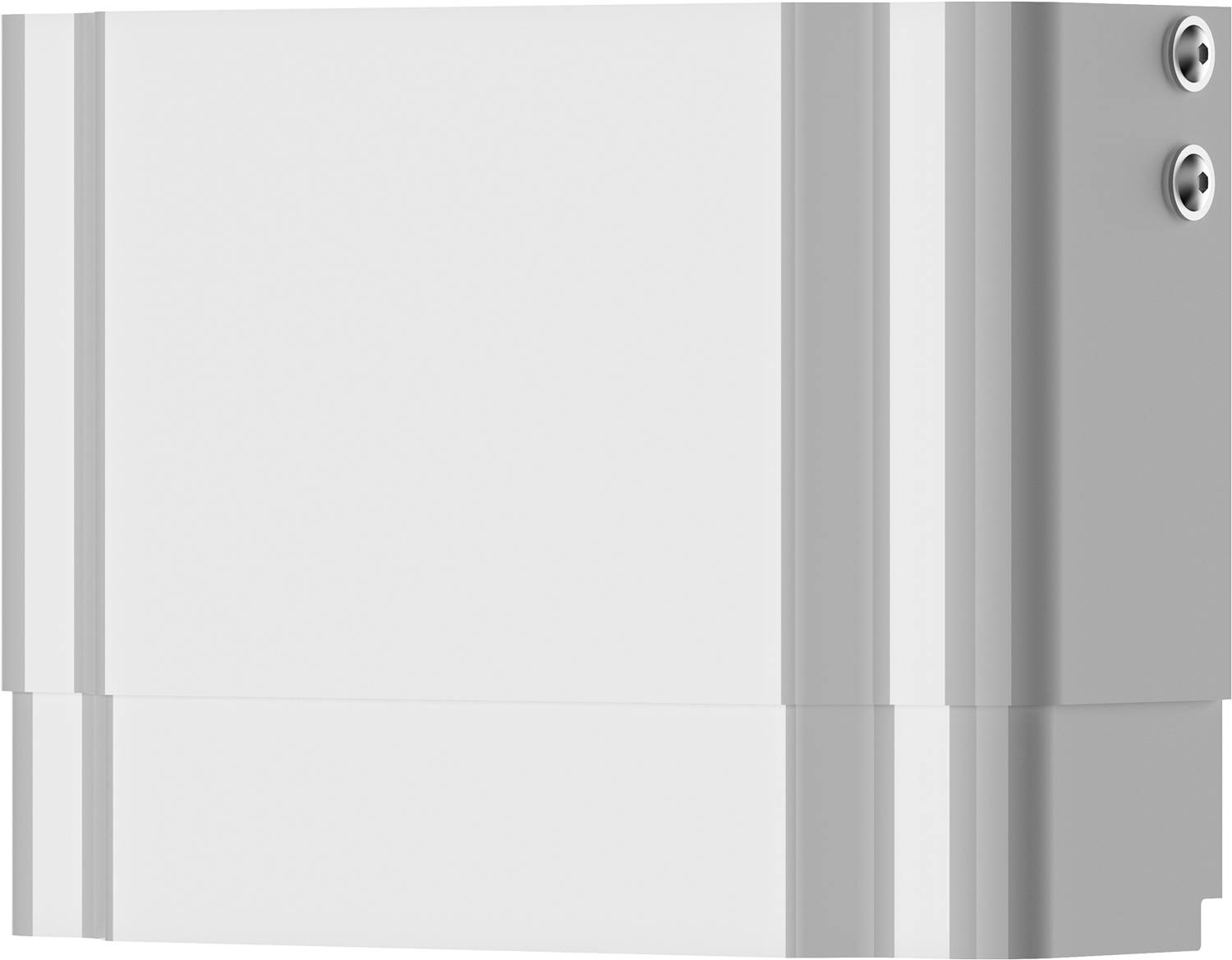 Eine glatte, minimalistische weiße Oberfläche mit hellgrauen vertikalen Streifen auf der rechten Seite reflektiert sanft und deutet auf ein modernes, klares Design hin.