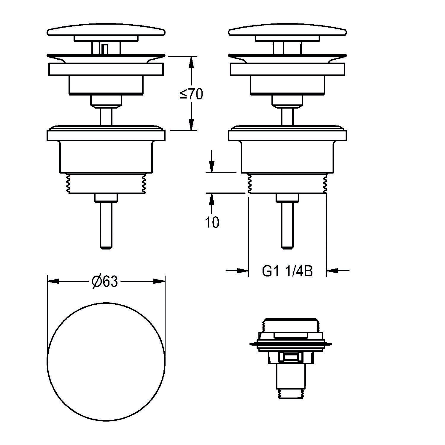Technische Zeichnung eines Ablaufstopfens mit Maßangaben. Draufsicht zeigt einen Durchmesser von 63 mm. Seitenansichten zeigen Höhenbegrenzungen und Gewindeabmessung G1 1/4B.