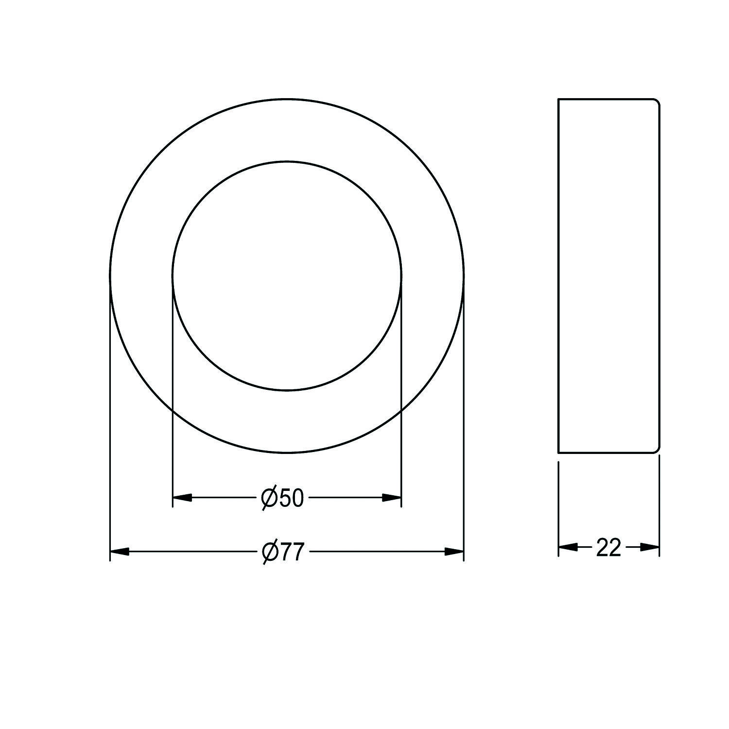 Technische Zeichnung eines zylindrischen Objekts mit einem Durchmesser von 77 mm und einer Dicke von 22 mm; Durchmesser des inneren Kreises beträgt 50 mm.