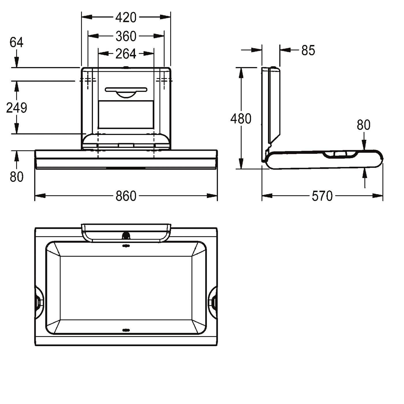 KWC Wickeltisch, CAMBRINO, PP Weiß, Front Edst, Klappbar, Offen 860x480x570 mm