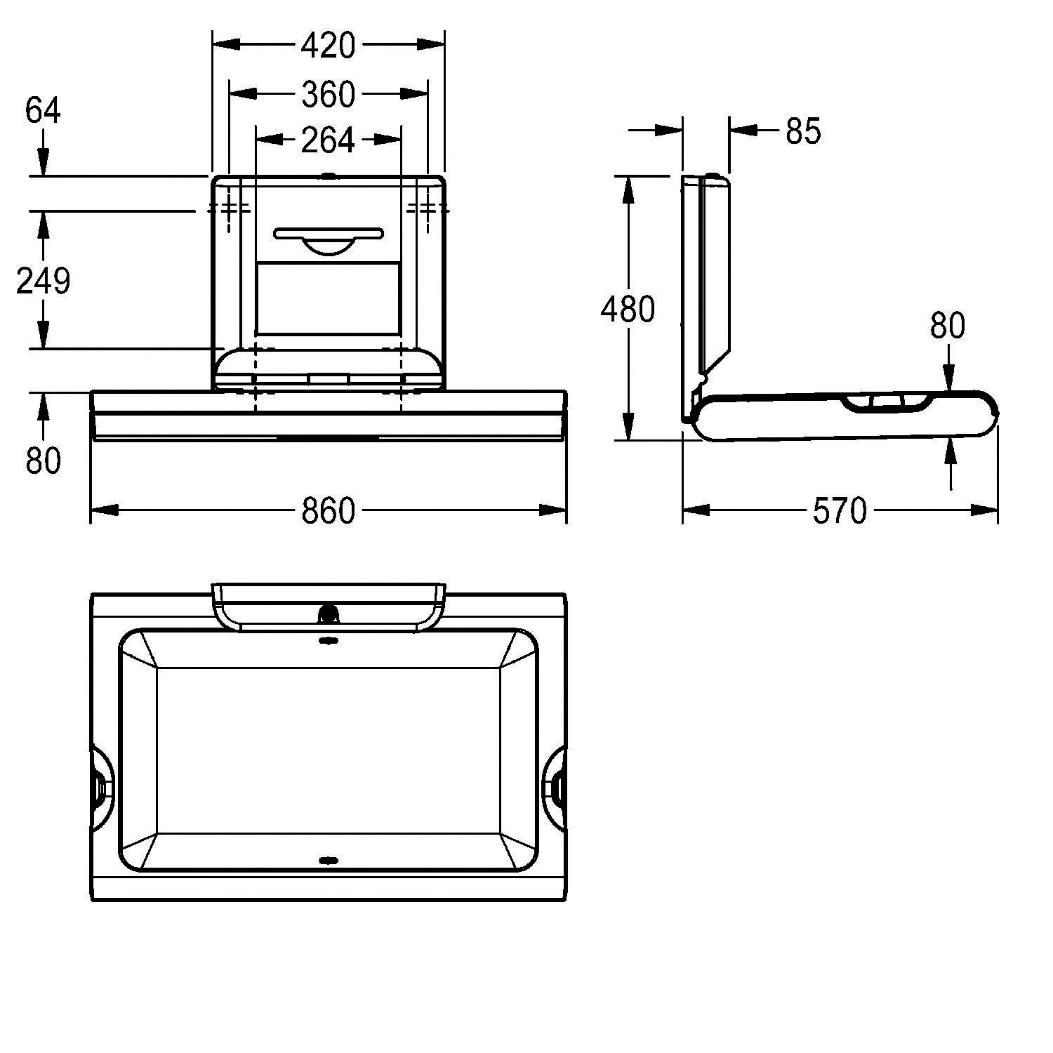 Wandmontierter Wickeltisch Abmessungen: Breite 860 mm, Tiefe 570 mm, Höhe von der Wand 480 mm bei geöffnetem Zustand. Gefaltete Tiefe 85 mm.