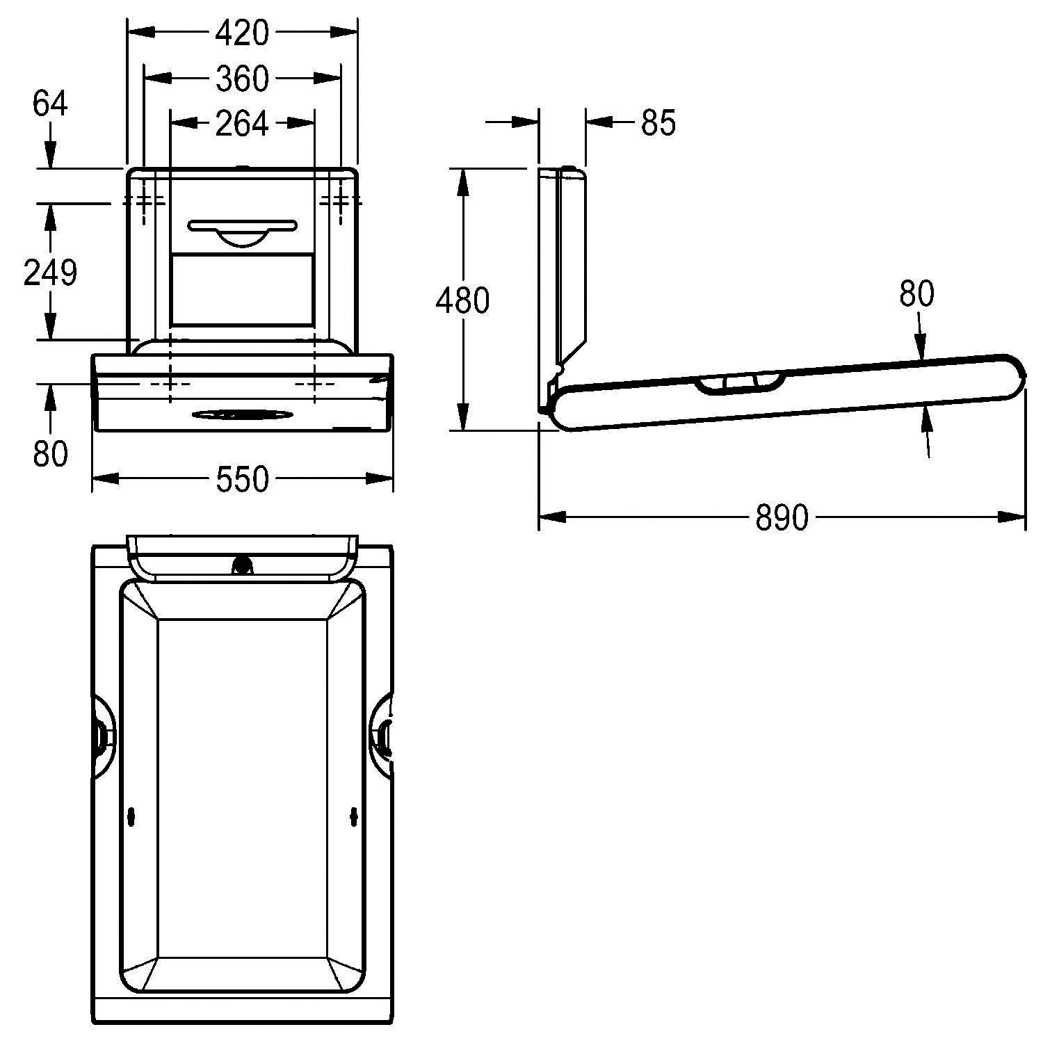 Diagramm einer wandmontierter Wickelstation mit Maßen: 550 mm breit, 890 mm lang wenn ausgeklappt, 249 mm und 480 mm in der Höhe.