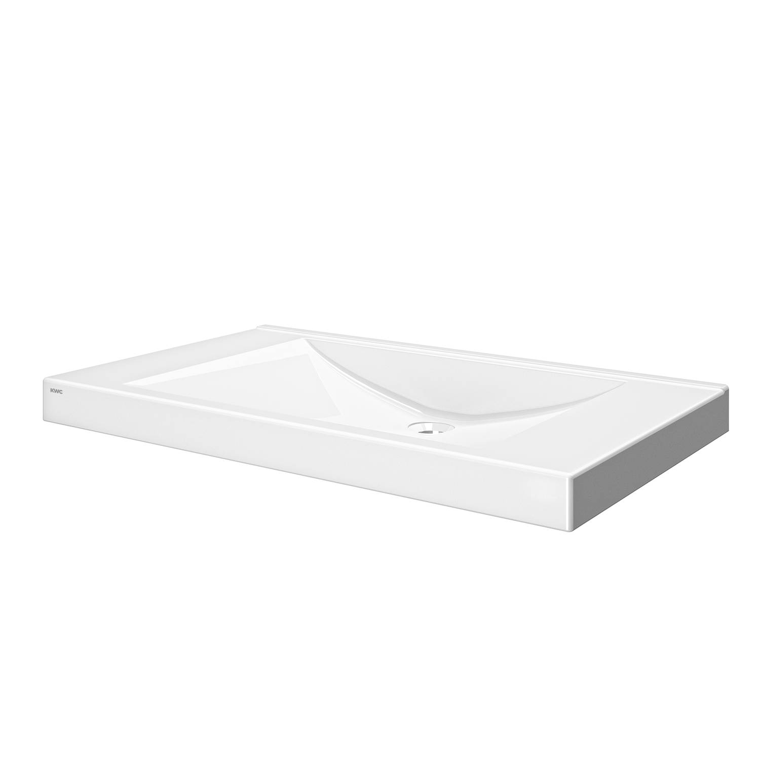 Rechteckige weiße Keramikspüle mit modernem, minimalistischem Design auf einem schlichten schwarzen Hintergrund.