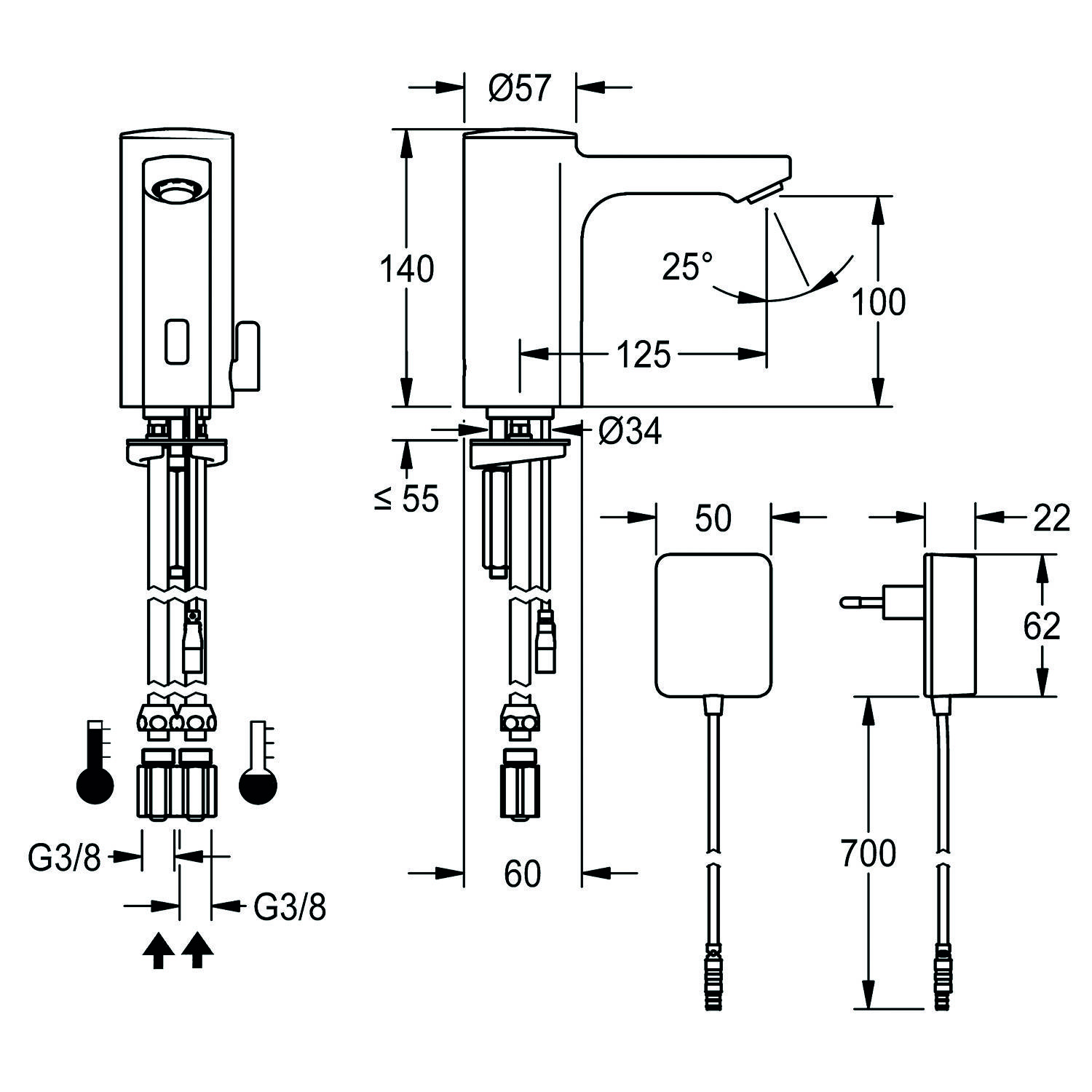 Technische Zeichnung eines Wasserhahns mit Abmessungen: Höhe 140 mm, Auslauflänge 125 mm, Durchmesser Ø57 mm. Enthält Installationsdetails und Einzelteile.