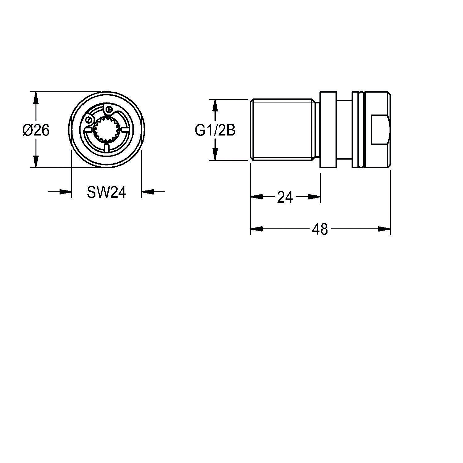 Technische Zeichnung einer zylindrischen Komponente mit Abmessungen: Durchmesser 26, Länge 48, Breite über Kanten 24, Gewinde G1/2B.
