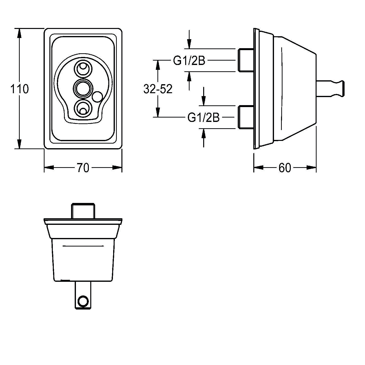 Technische Zeichnung eines Ventils mit Abmessungen: 110x70 mm. Seitenansicht zeigt 60 mm Tiefe, G1/2B-Anschlüsse an den Seiten, verstellbar von 32-52 mm.