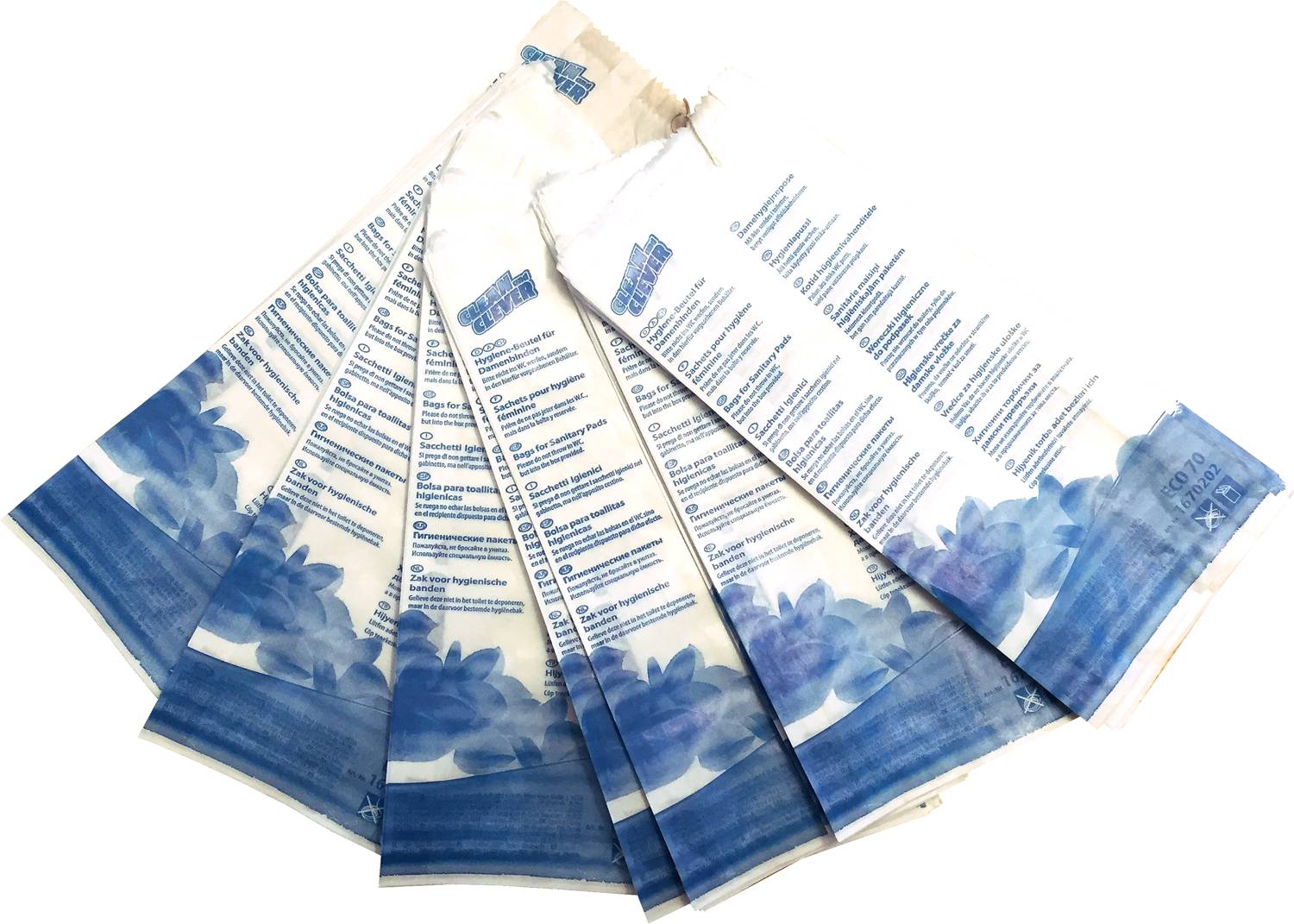 Mehrere weiße und blaue Einweg-Papierserviettenpakete, in Fächerform angeordnet, mit blauen Blumendesigns und aufgedruckten Anleitungen.