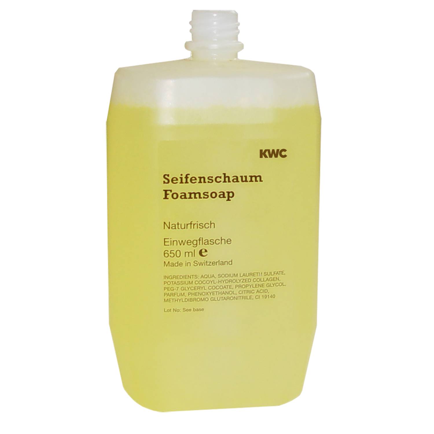 KWC Seifenschaum', 650 ml Flasche mit der Aufschrift 'Naturfrisch', 'Hergestellt in der Schweiz'.