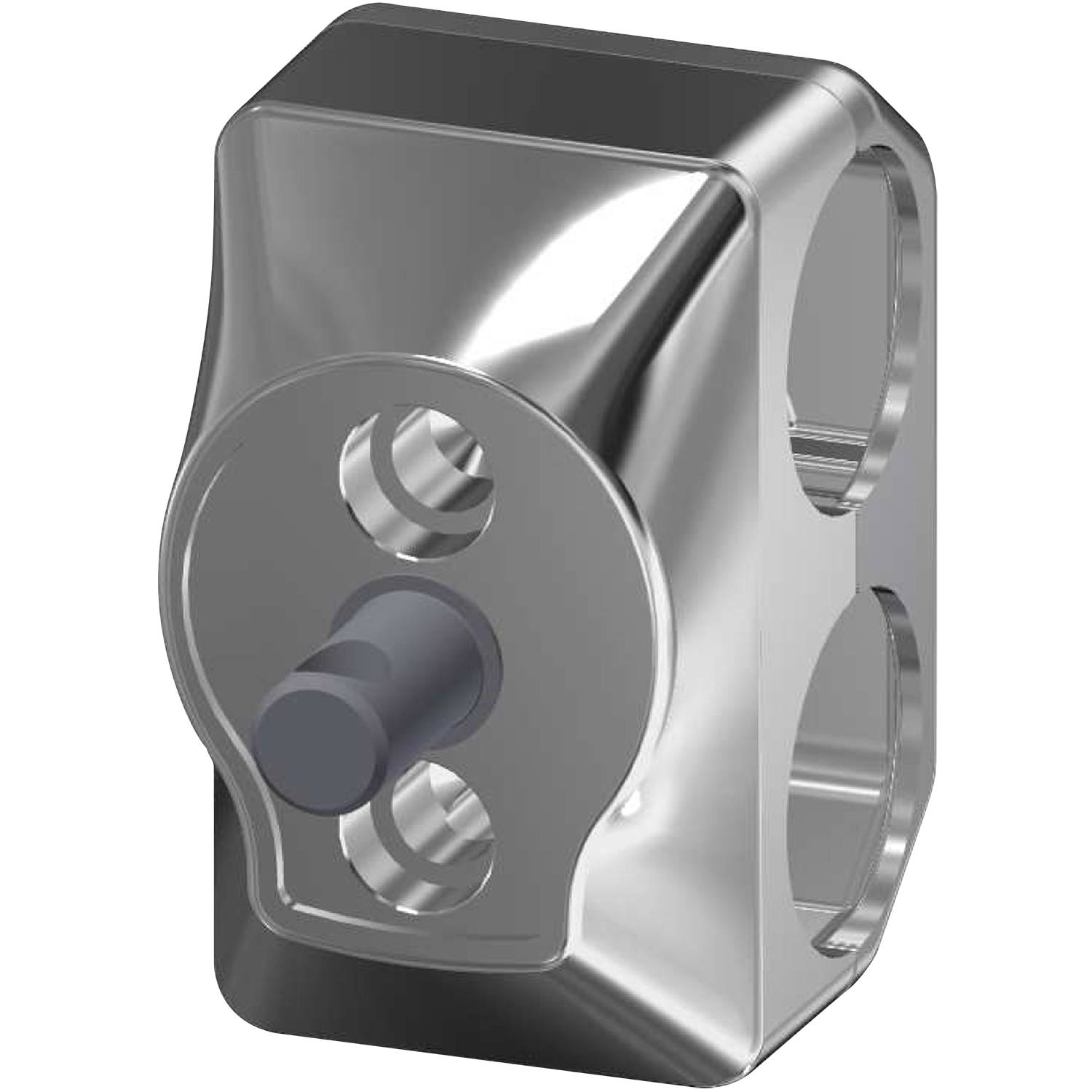 Eine verchromte Metallhalterung mit einem zylindrischen Vorsprung und zwei kreisrunden Löchern, konzipiert für strukturelle Unterstützung oder Montagezwecke.