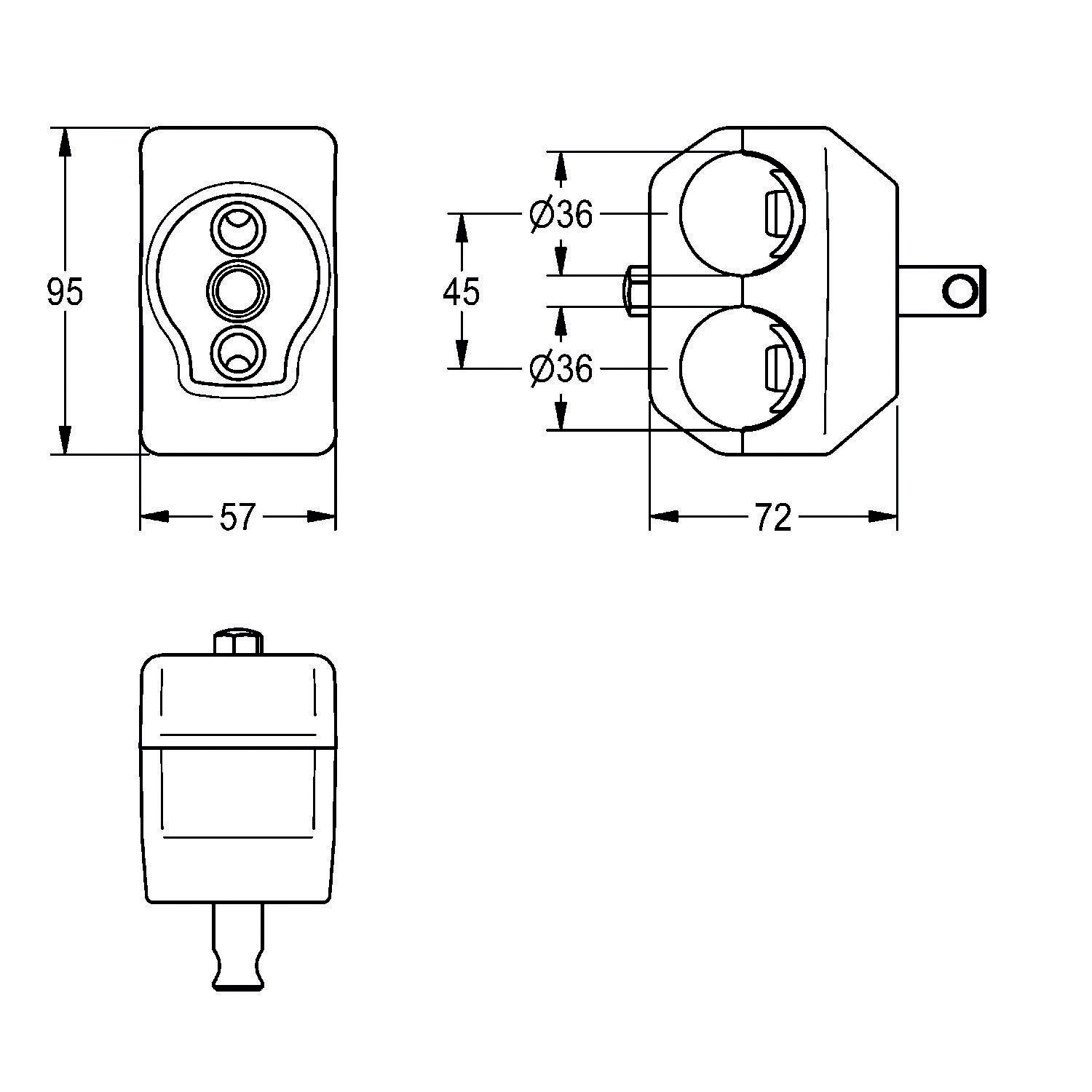 Technische Zeichnung eines dreiphasigen Elektrosteckers mit Maßen: 95 mm Höhe, 57 mm Breite. Zwei runde Stifte, jeder 36 mm Durchmesser, mit einem Abstand von 45 mm zueinander.