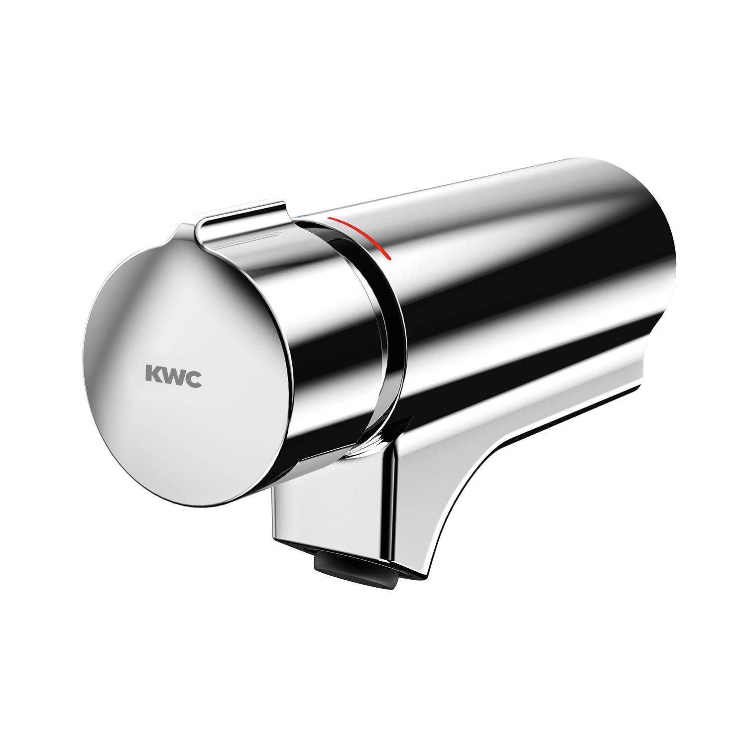 Eine elegante, moderne Chrom-Armaturengriff mit dem 'KWC'-Logo auf einem schwarzen Hintergrund, mit einem minimalistischen Design und einer roten Indikatorlinie.