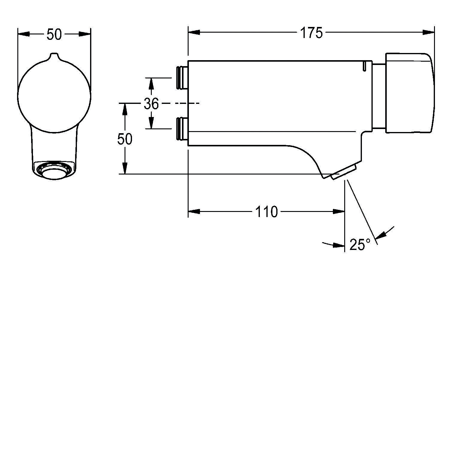 Technische Zeichnung einer Ausgussschnauze mit Maßen: 175 mm Länge, 50 mm Breite, 110 mm von der Basis bis zur Spitze mit einer Neigung von 25 Grad.