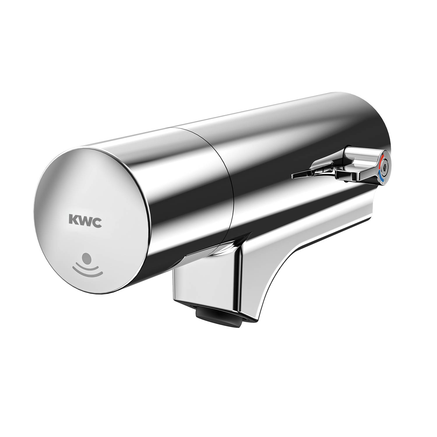 Ein moderner, zylindrischer Chrom-Wasserhahn mit einem Sensor für berührungslose Bedienung, seitlich mit 'KWC' beschriftet, vor einem schwarzen Hintergrund.