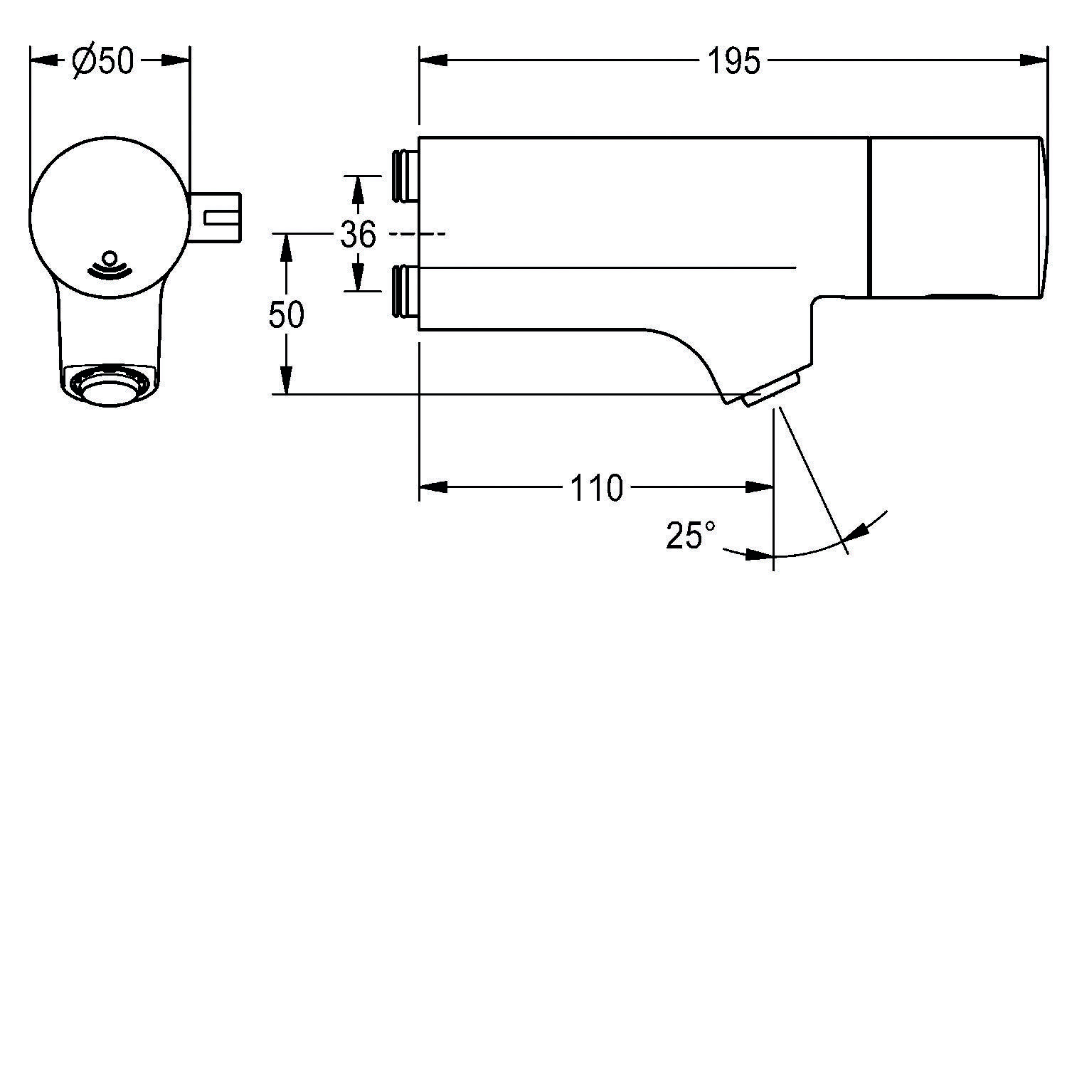Technische Zeichnung eines Wasserhahns mit Maßen: Länge 195 mm, Auslegerweite 110 mm, Auslassdurchmesser 50 mm und Neigungswinkel 25 Grad.