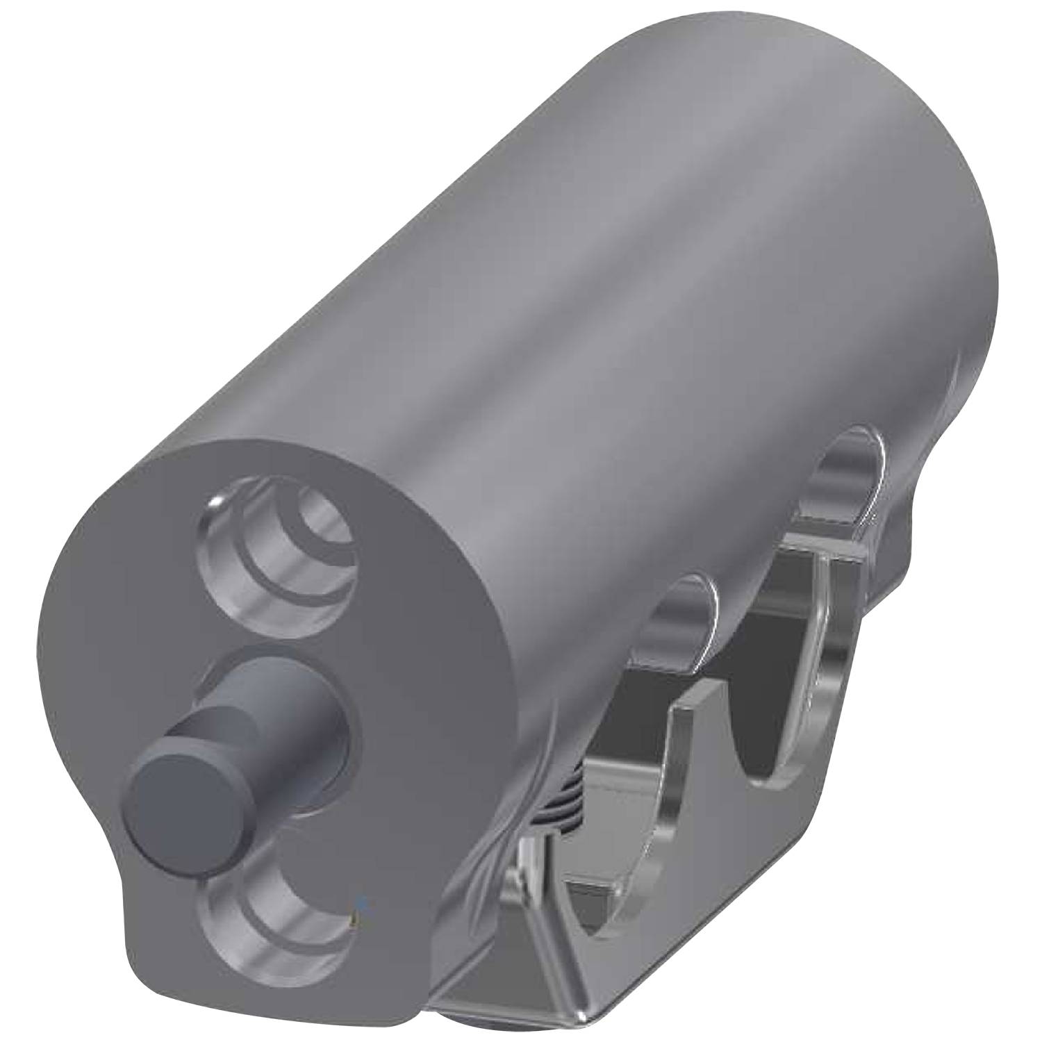 Eine metallische zylindrische Komponente mit einem Schwenkmechanismus, die einen sichtbaren Bolzen und eine Feder aufweist. Das Design deutet auf industrielle oder mechanische Verwendung hin.