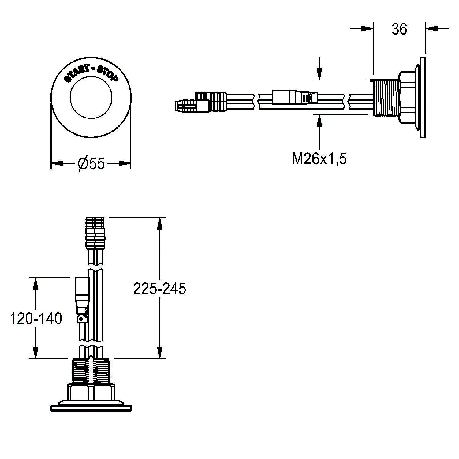 Technische Zeichnung einer 'Smart-Stop' Armatur-Baugruppe mit verschiedenen Abmessungen: Durchmesser 55 mm, M26x1,5 Gewinde und Höhe 225-245 mm.