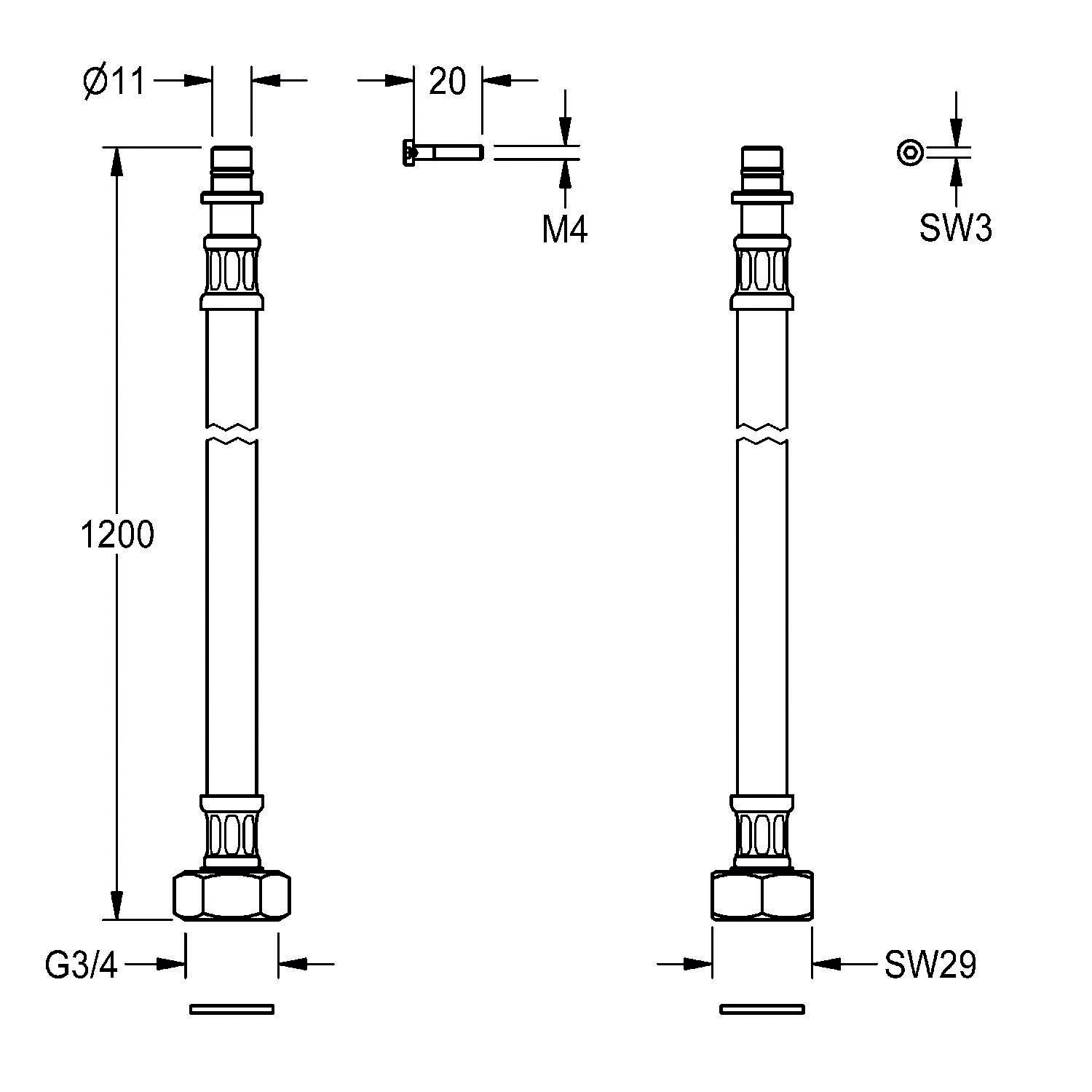 Technische Zeichnung einer zylindrischen Schraube. Abmessungen umfassen 1200 mm Höhe, 11 mm Durchmesser, am Fuß mit G3/4 und SW29 beschriftet.