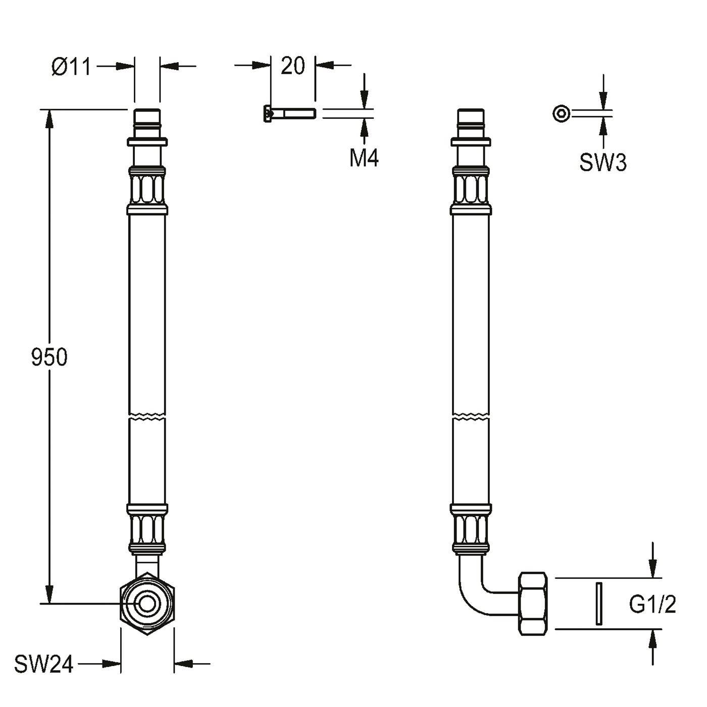 KWC Schlauch, F5, G1/2 und Steckfitting, 950mm, DN10, L-form, 2030060323