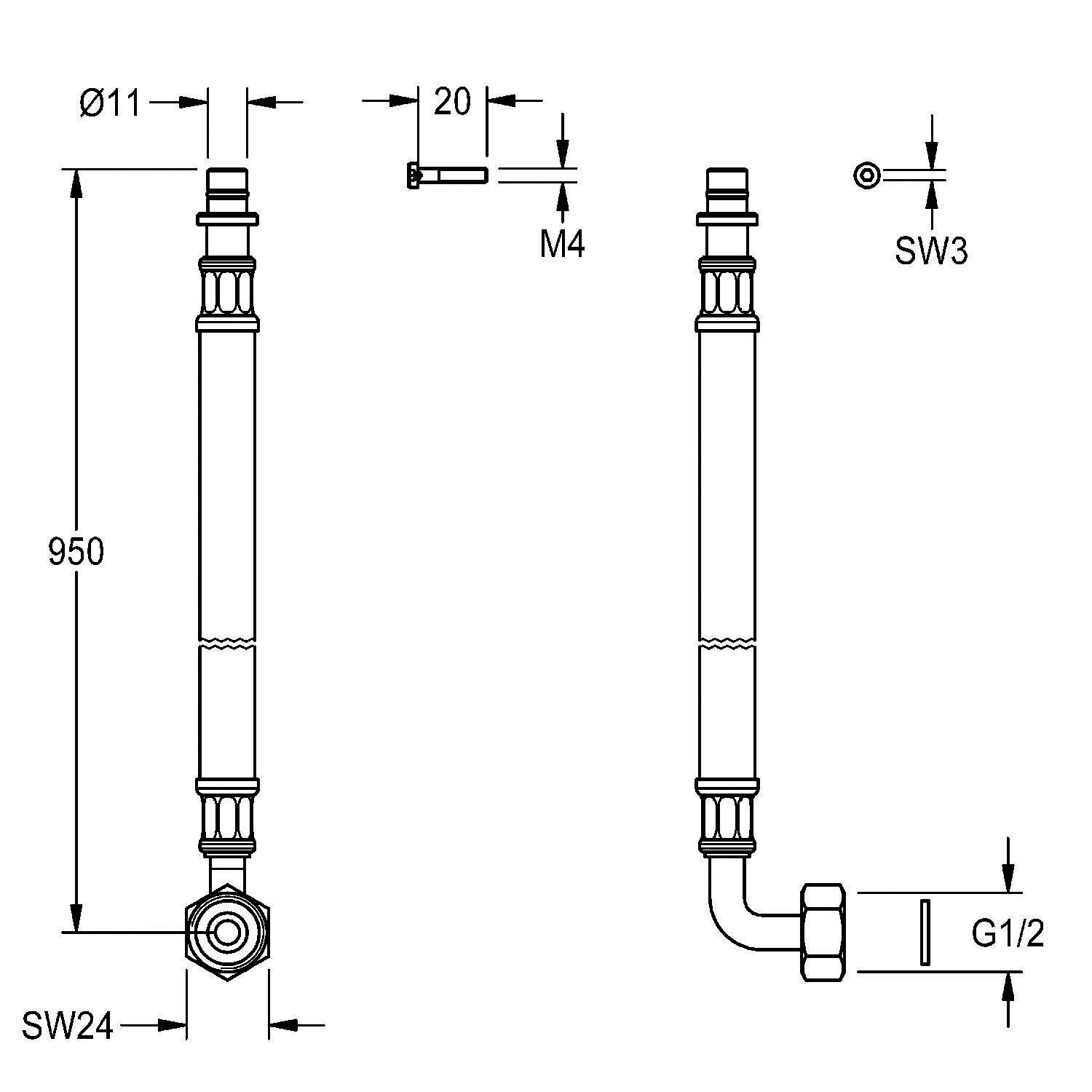 Technische Zeichnung eines Rohrs mit Dimensionen: Länge 950 mm, Durchmesser Ø11 mm und Anschlussgröße SW24. Enthält M4- und G1/2-Spezifikationen.