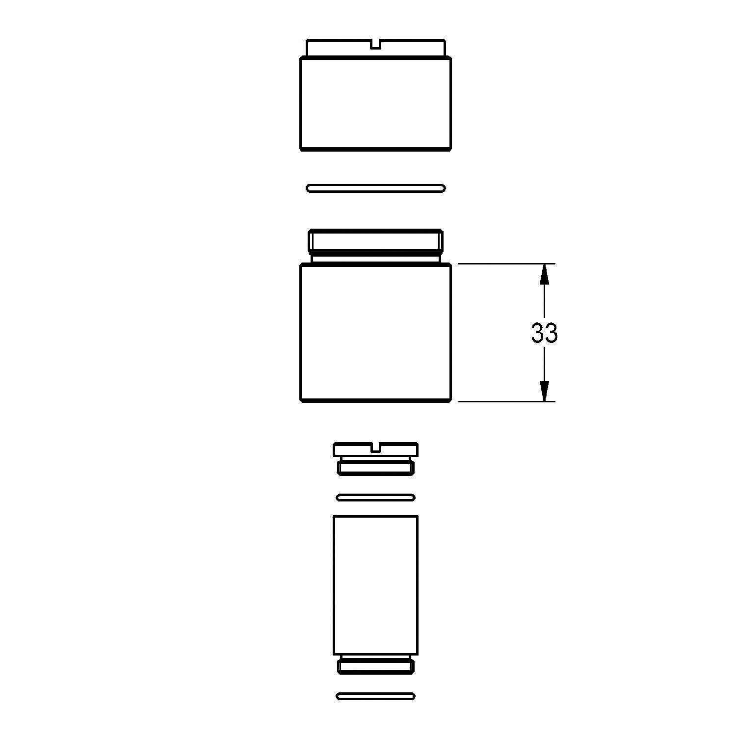 Diagramm zur Zerlegung eines zylindrischen Behälters mit Deckel, Dichtung und Hauptkörper. Seitenetikett zeigt '33' für Höhe.