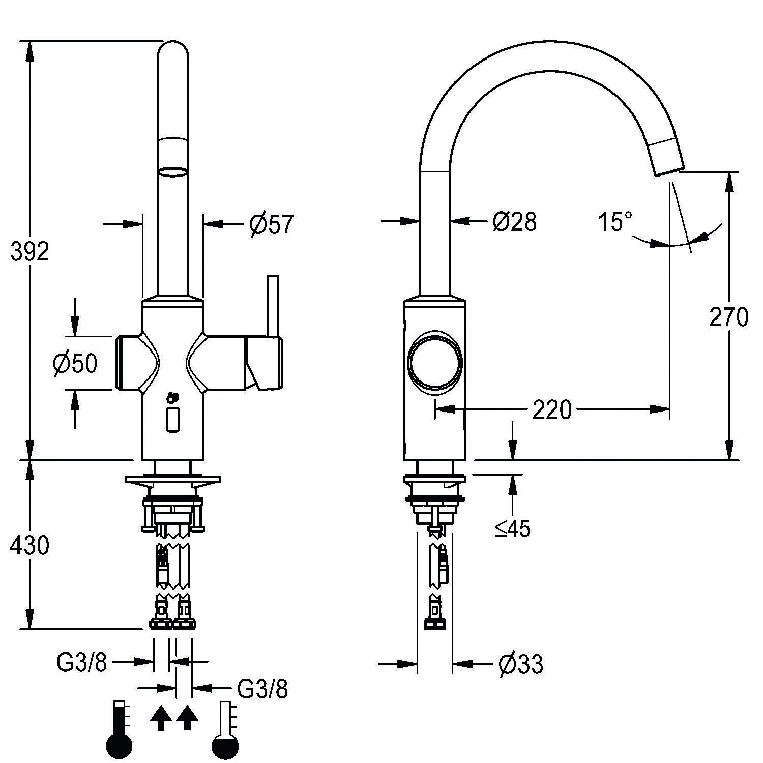 Eine technische Zeichnung eines Küchenarmaturventils mit Maßangaben. Höhe: 430 mm, Auslaufhöhe: 270 mm, Durchmesser: 28 mm und Rotationswinkel: 15°.