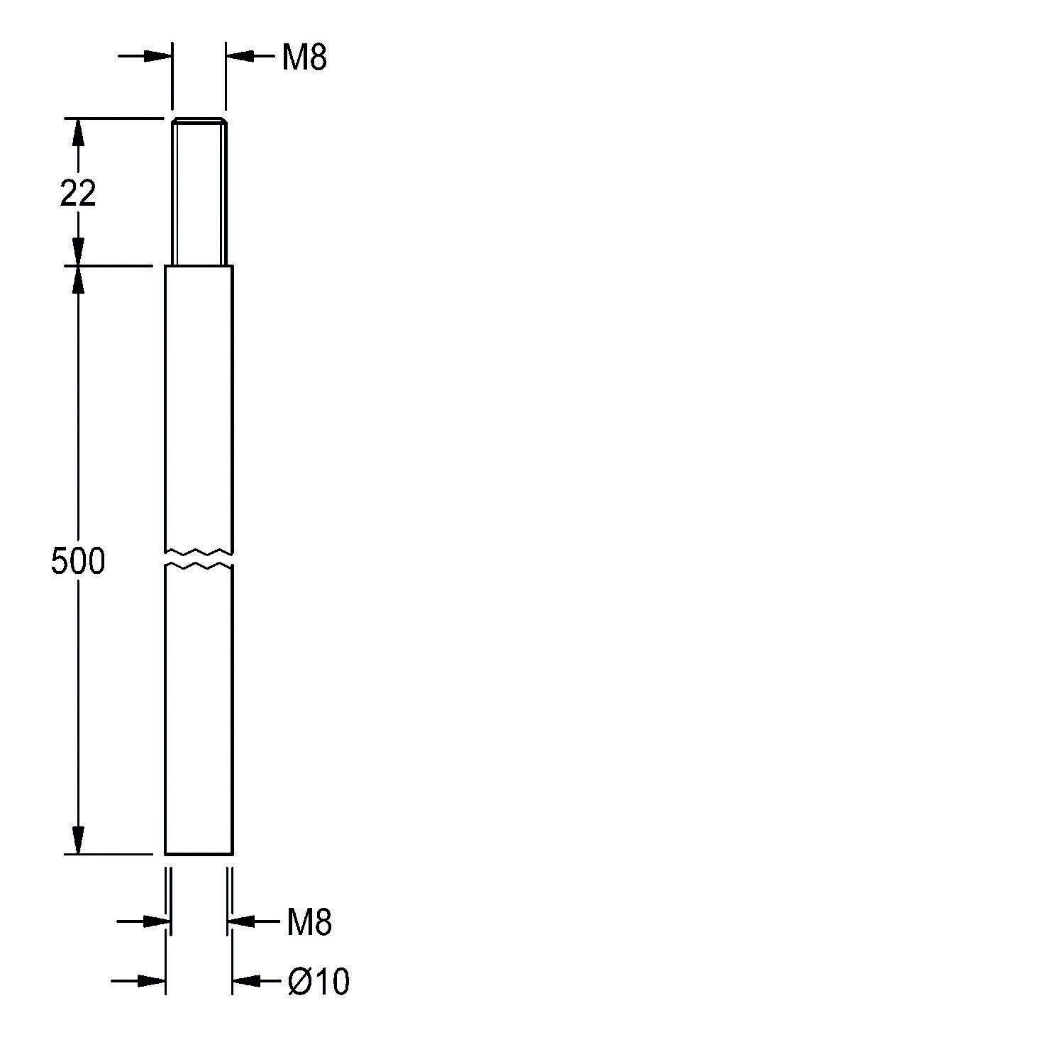 Technische Zeichnung einer Stange: Gesamtlänge 500 mm, mit M8-Gewinde an beiden Enden. Oberer Abschnitt misst 22 mm, unterer Durchmesser Ø10 mm.