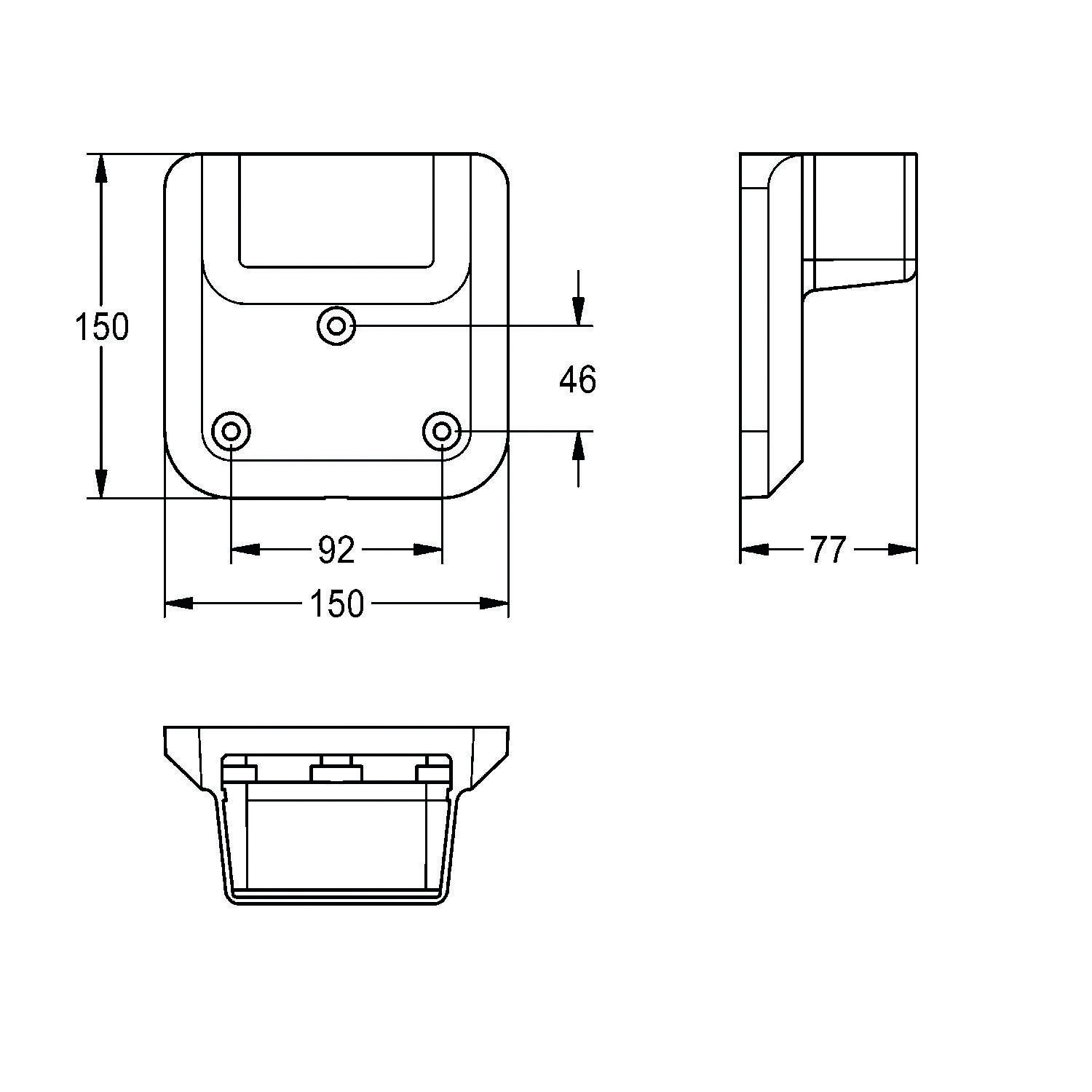 Technische Zeichnung einer rechteckigen Halterung mit Abmessungen: 150 mm Höhe, 92 mm Breite, 46 mm Tiefe und 77 mm Vorsprung.