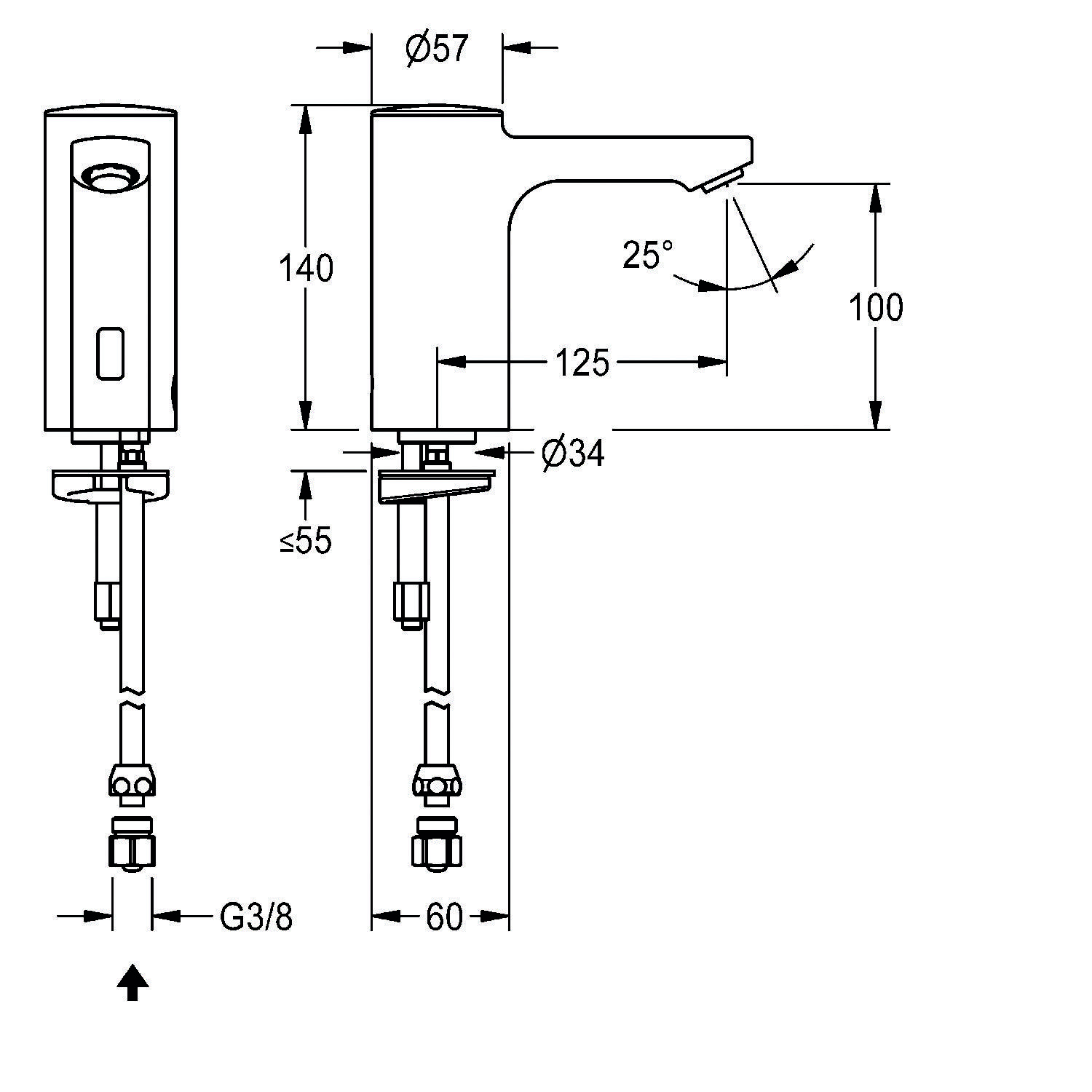 Technische Zeichnung eines automatischen Sensor-Wasserhahns mit Maßangaben: Höhe 140 mm, Auslauflänge 125 mm, Durchmesser 57 mm. Seiten- und Frontansicht.