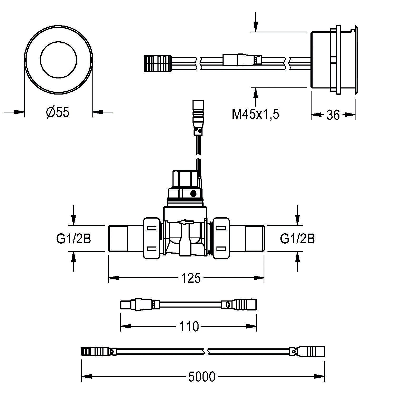 Technische Zeichnung eines Sensors mit Abmessungen: Durchmesser 55 mm, Tiefe 36 mm, Gewinde M45x1,5, Länge 125 mm, Kabellänge 5000 mm.