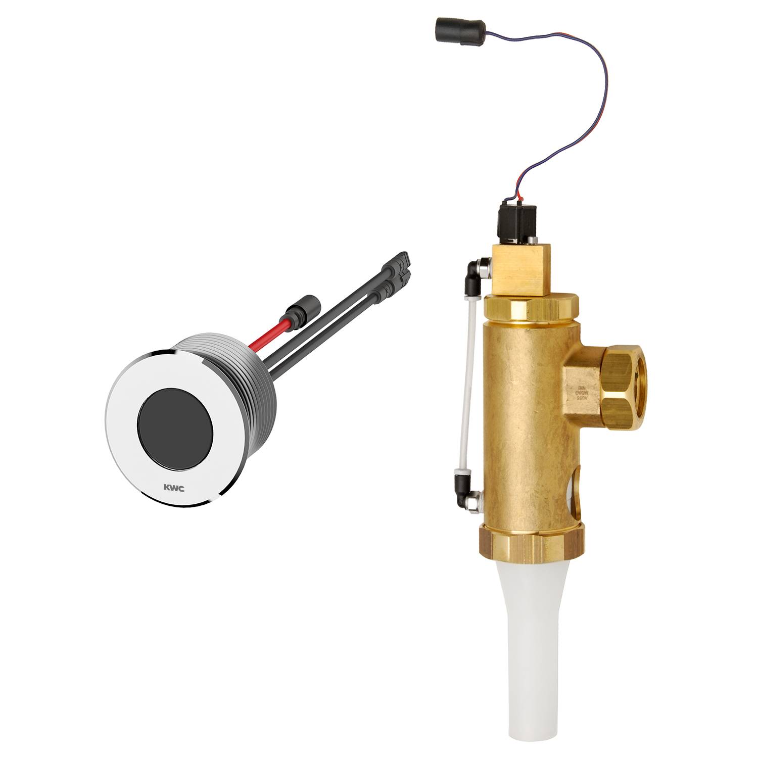 Fivac-Klimaanlagensensor und Ventilbaugruppe mit rundem Sensor und Messingventil mit weißer Röhre, verbunden durch schwarze Verkabelung.