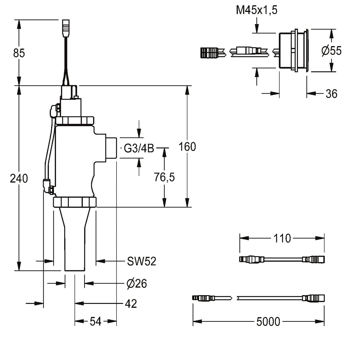 Technische Maßzeichnung einer zylindrischen Vorrichtung mit Kabel und Anschlüssen, die beschriftete Abmessungen zeigt, einschließlich 240, 160, 85, G3/4B, SW52, Ø26, Ø55, 5000 und M45x1,5.