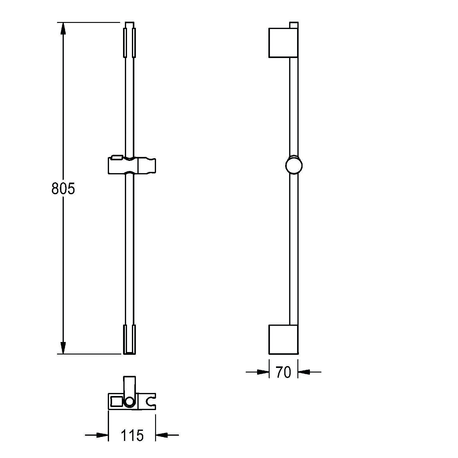 Technische Zeichnung eines vertikalen Griffs mit Abmessungen: Höhe 805 mm, Tiefe 70 mm und Basisbreite 115 mm.