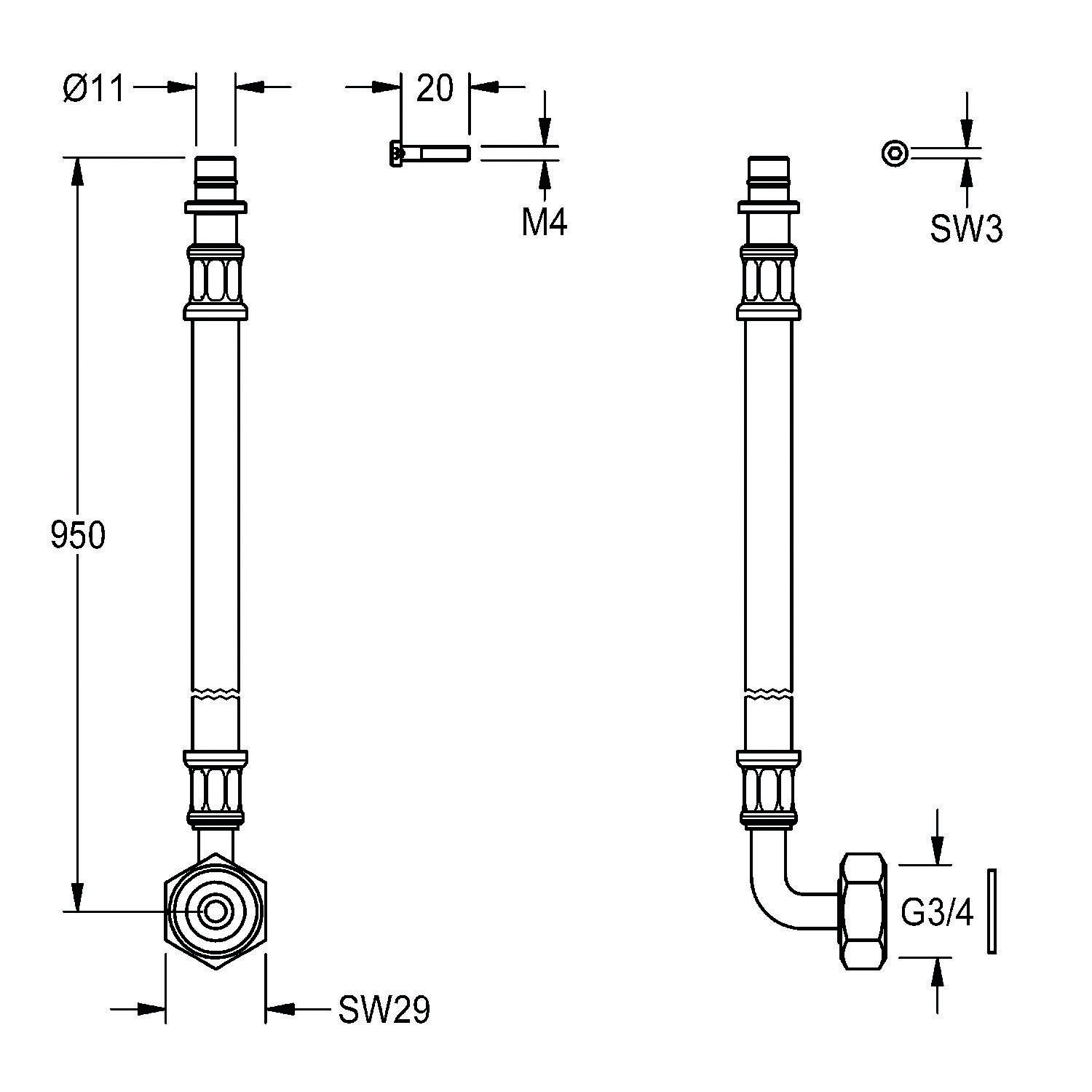 Technische Zeichnung einer Rohrarmaturen-Baugruppe mit mehreren Maßangaben, einschließlich 950 mm Länge, Ø11 Durchmesser, SW29, M4 und G3/4 Kennzeichnungen.