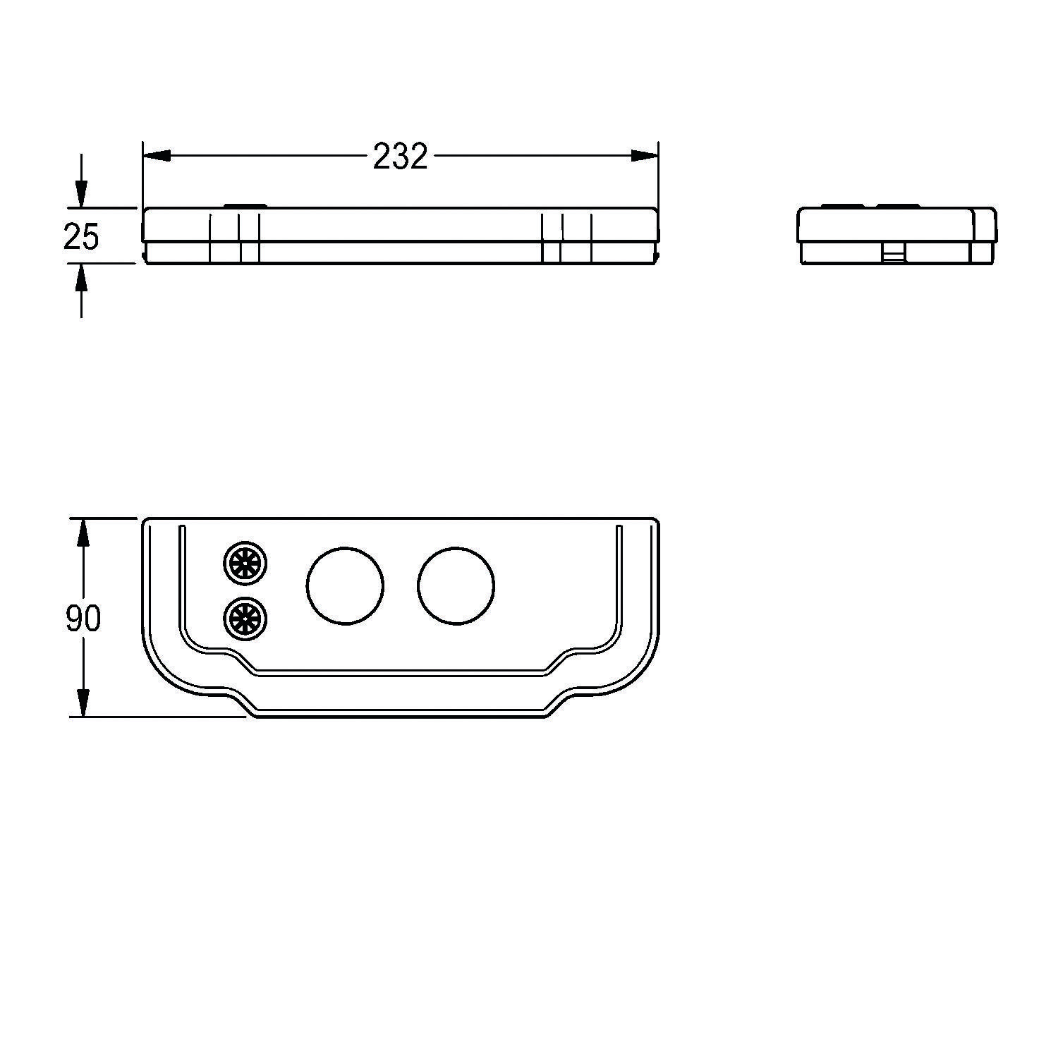 Technische Zeichnung eines rechteckigen Geräts mit Abmessungen: 232 Breite, 25 Höhe, 90 Tiefe. Merkmale umfassen zwei kreisförmige Anschlüsse.
