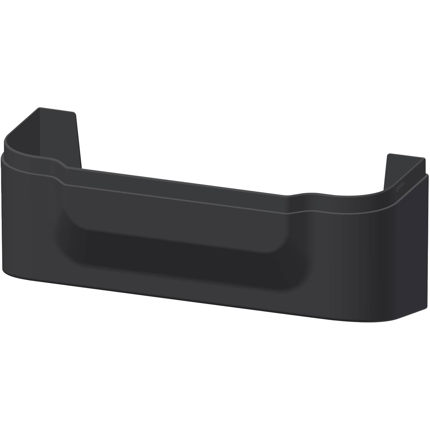 Ein dunkelgrauer Kunststoff-Wandhalter, der entwickelt wurde, um ein kleines rechteckiges Objekt wie eine Fernbedienung oder ein Smartphone sicher zu befestigen.