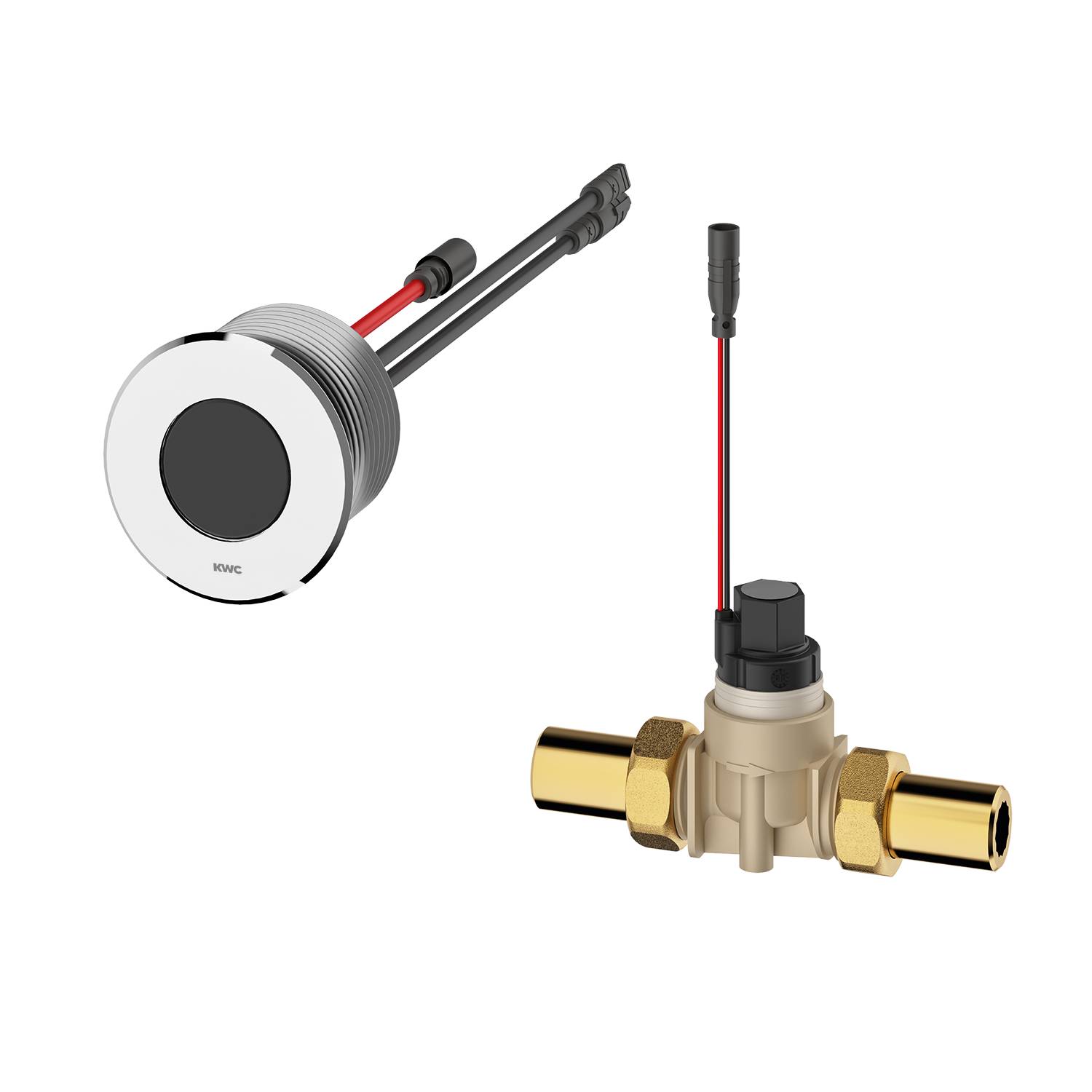 Runde elektronische Komponente mit Drähten über einem T-förmigen Ventil mit goldenen Anschlüssen auf schwarzem Hintergrund.