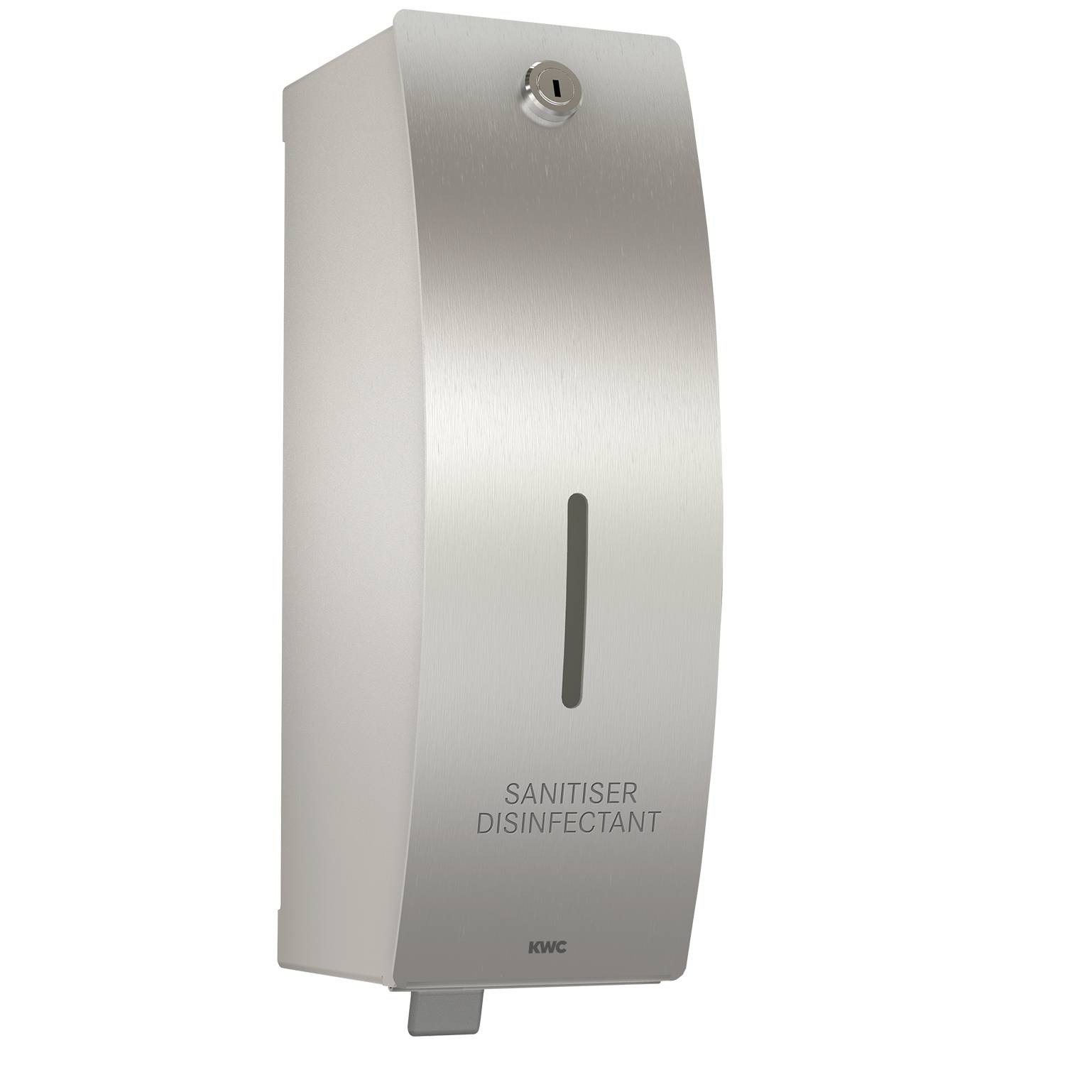 Metalldispenser für Desinfektionsmittel, an einer Wand montiert, mit der Aufschrift „DESINFEKTIONSMITTEL