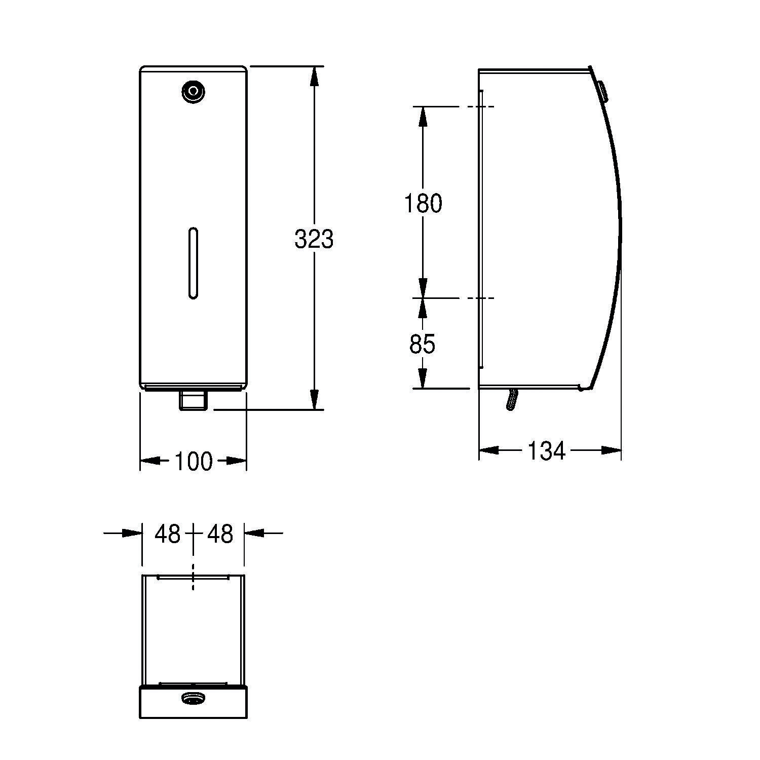 Abmessungen des rechteckigen Spenders: Höhe 323 mm, Breite 100 mm, Tiefe 134 mm. Von vorne sieht man den Schlitz, von der Seite die geschwungene Kontur.