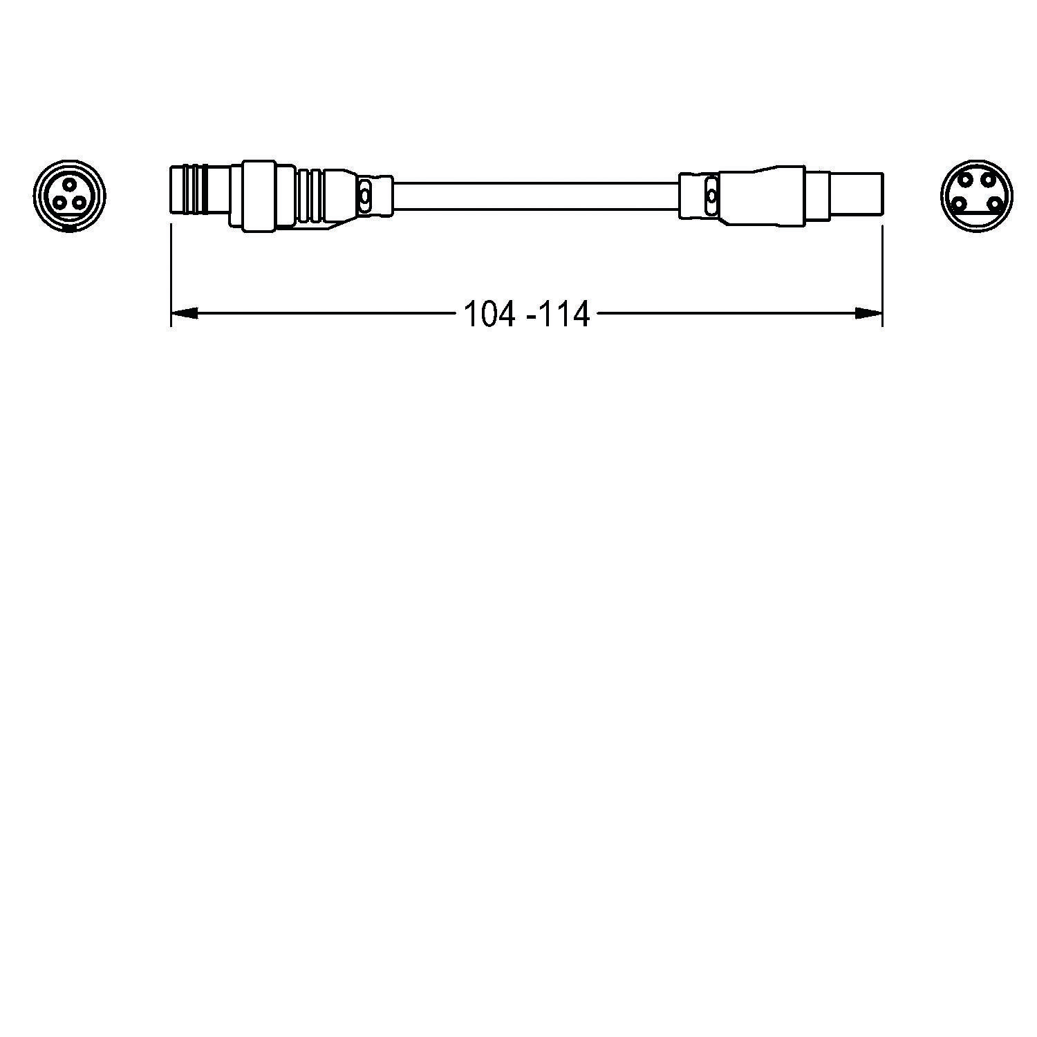 Diagramm zeigt ein Kabel mit Anschlüssen an beiden Enden, beschriftet mit einer Länge von '104-114'.