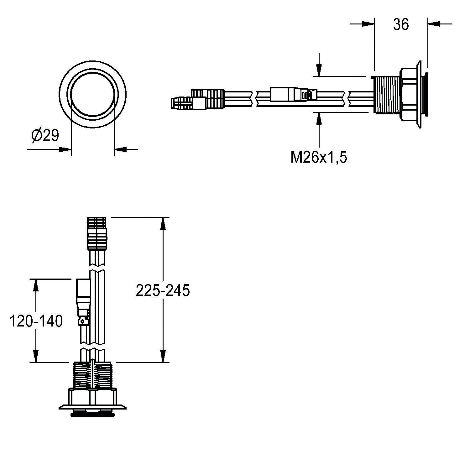 Technische Zeichnung einer Komponente mit Abmessungen: Außendurchmesser 29 mm, Länge 36 mm und Höhenbereich 225-245 mm sowie 120-140 mm.