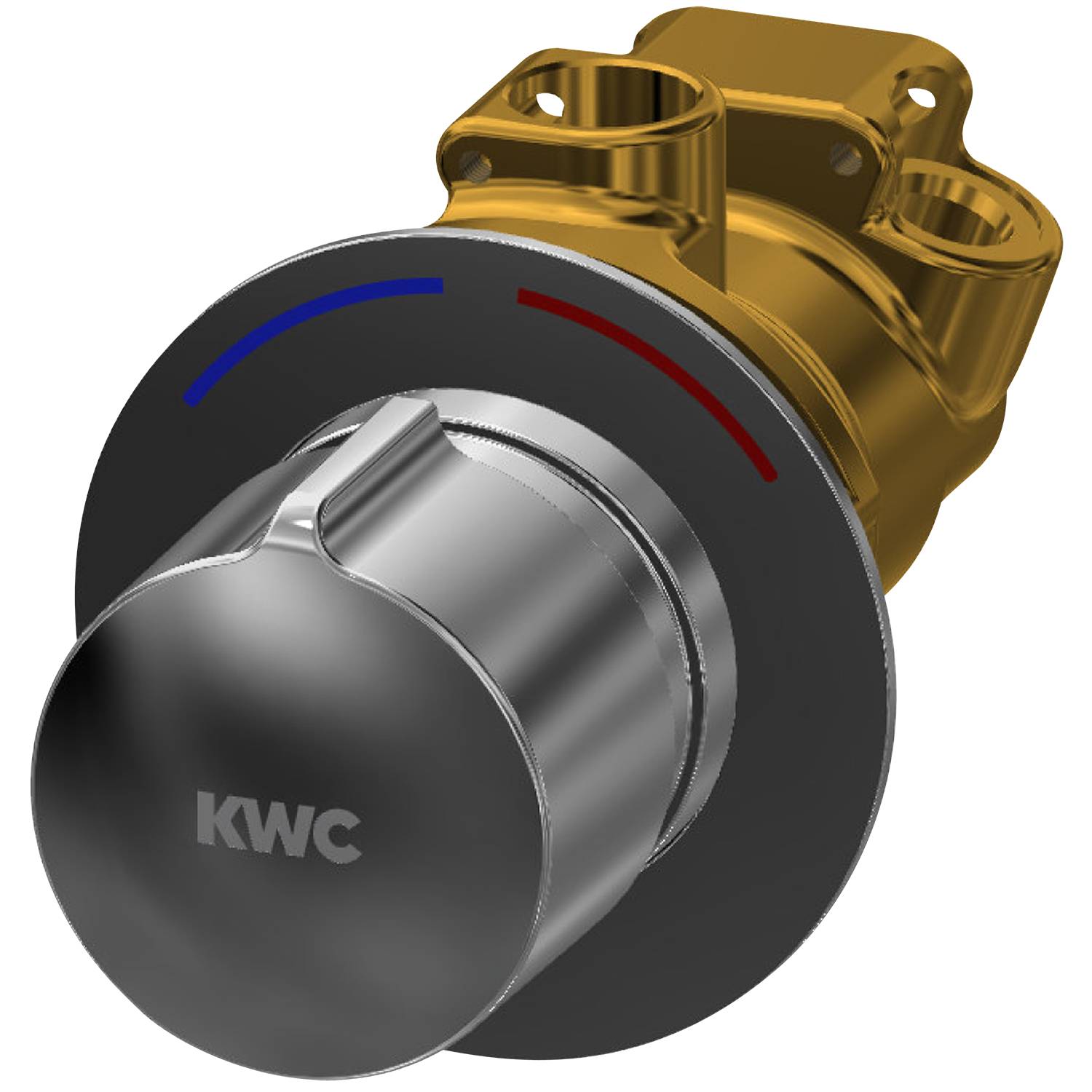 Ein Brausearmaturen-Griff aus Metall, der mit 'KWC' gekennzeichnet ist und an seiner kreisförmigen Basis einen Warmwasser- (rot) und Kaltwasseranzeiger (blau) aufweist.