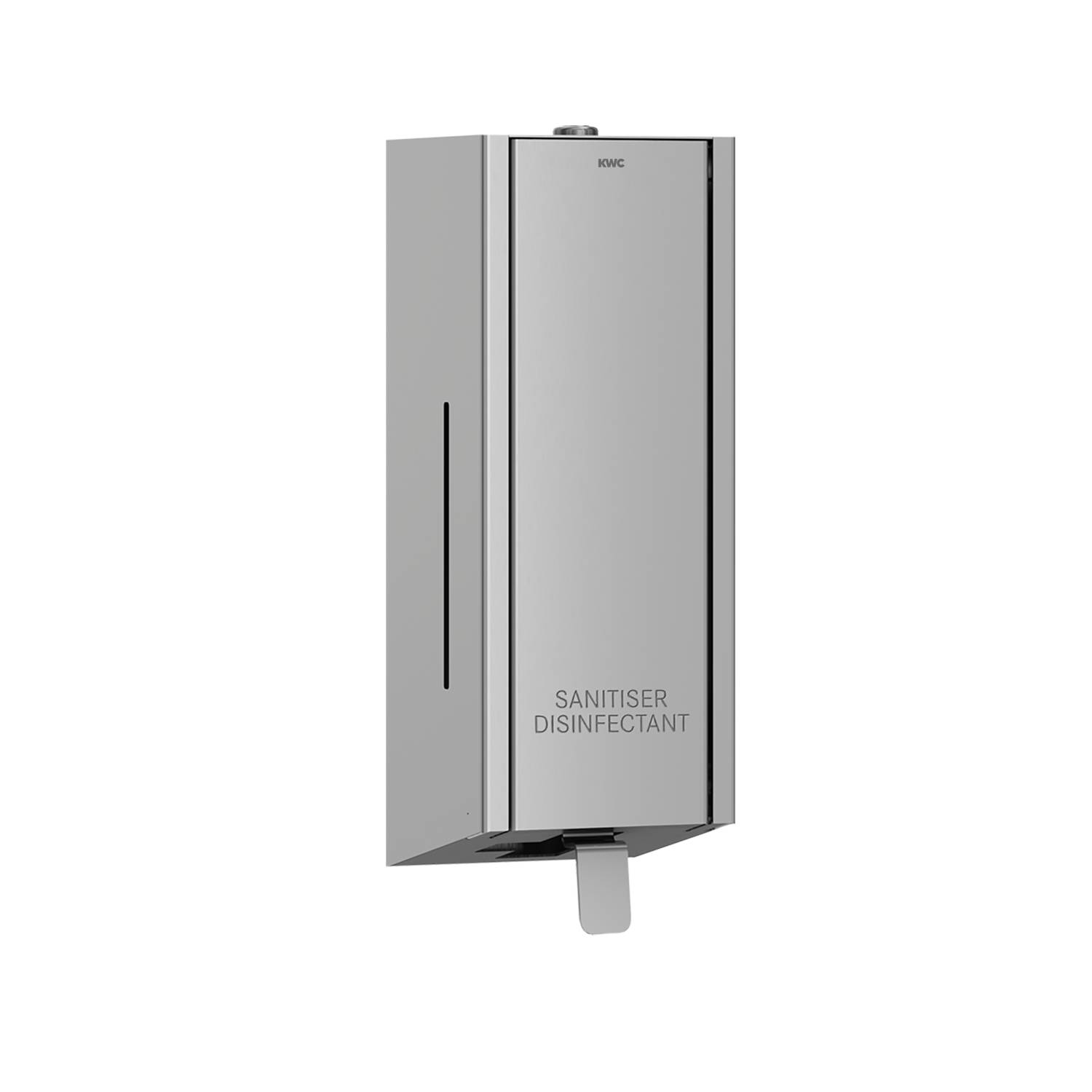 Ein an der Wand befestigter Metalldesinfektionsspender mit der Aufschrift 