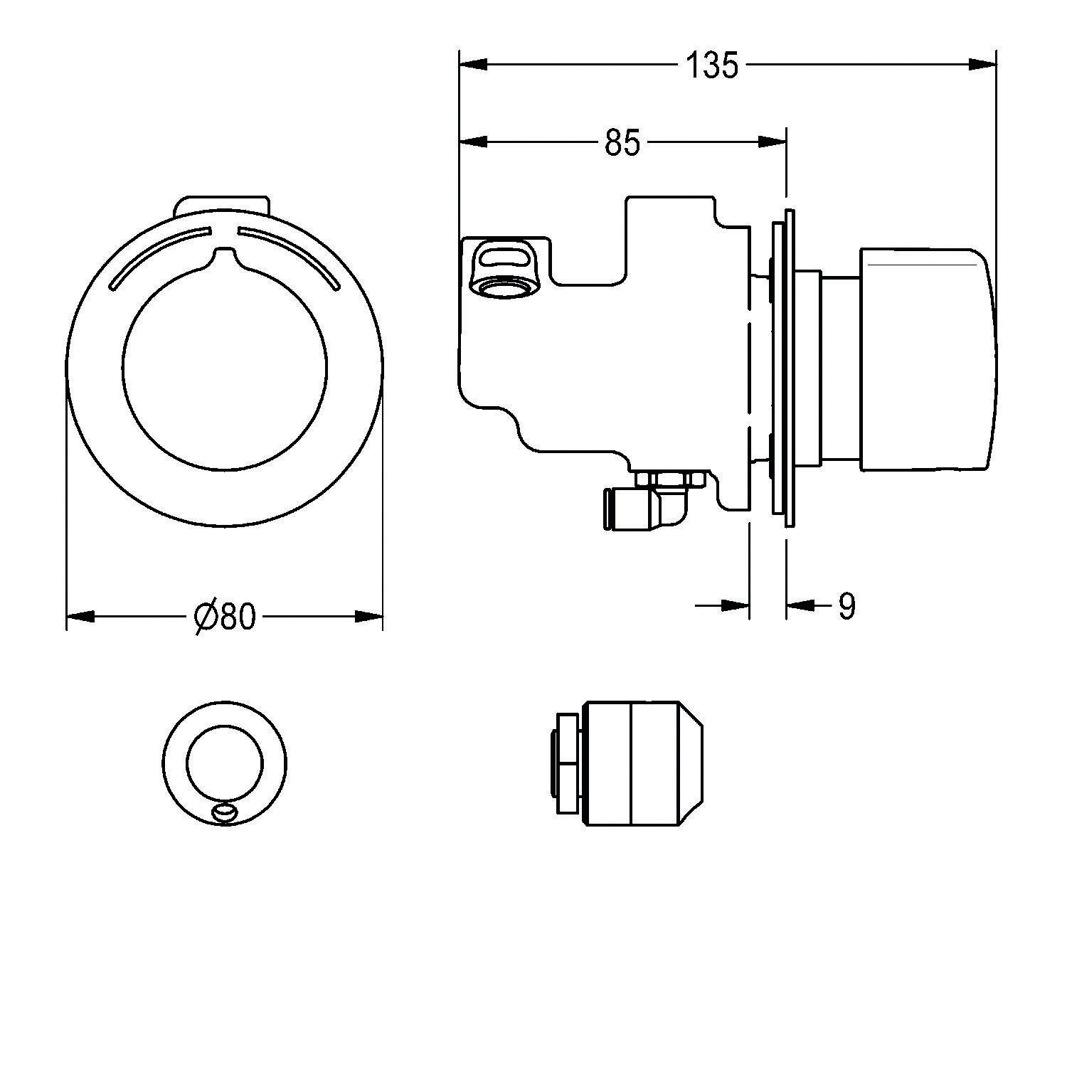 Technische Zeichnung eines mechanischen Bauteils mit Maßangaben: Durchmesser 80 mm, Gesamtlänge 135 mm, Höhe 85 mm, Kerbentiefe 9 mm.