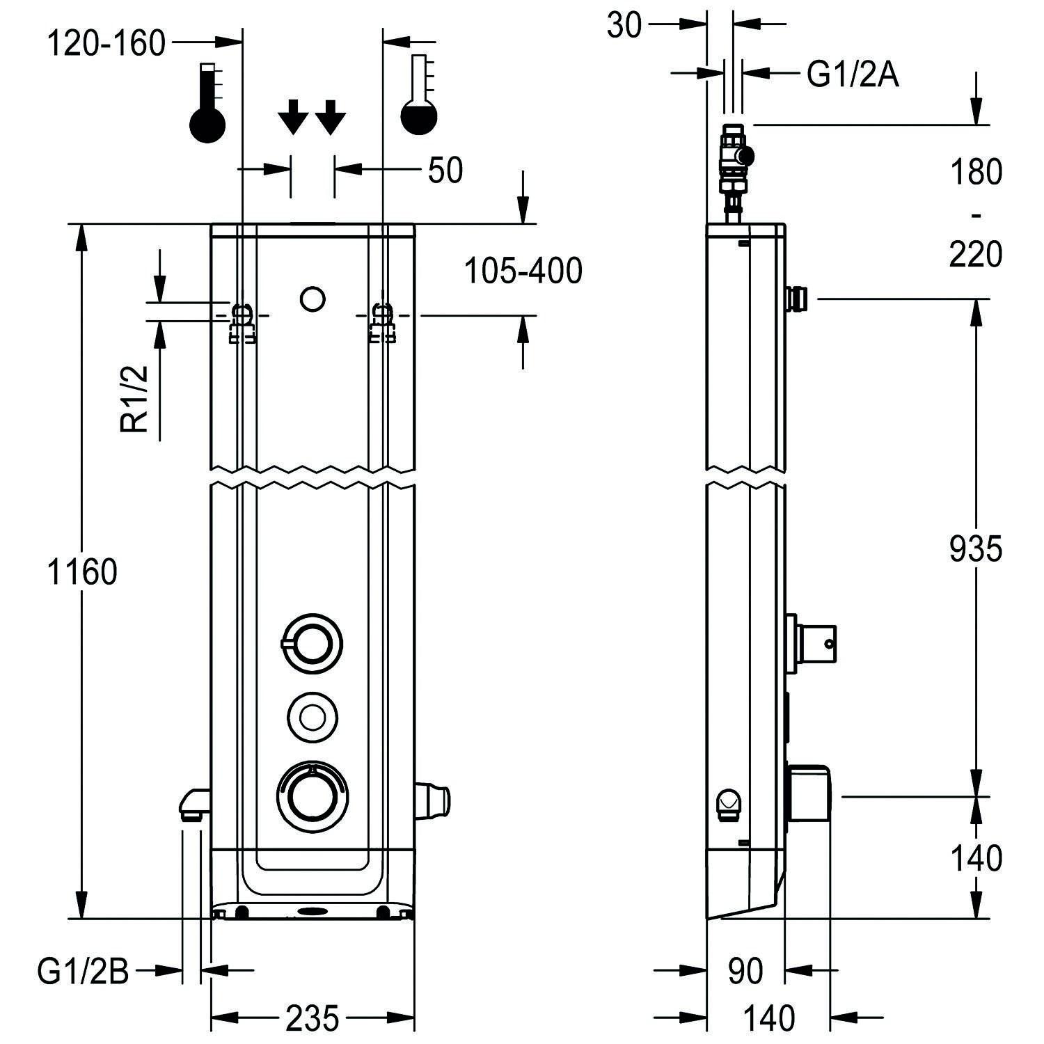 Technische Zeichnung eines Warmwasserbereiters, mit Abmessungen: 1160 mm Höhe, 235 mm Breite und beschrifteten Anschlüssen G1/2B und G1/2A.