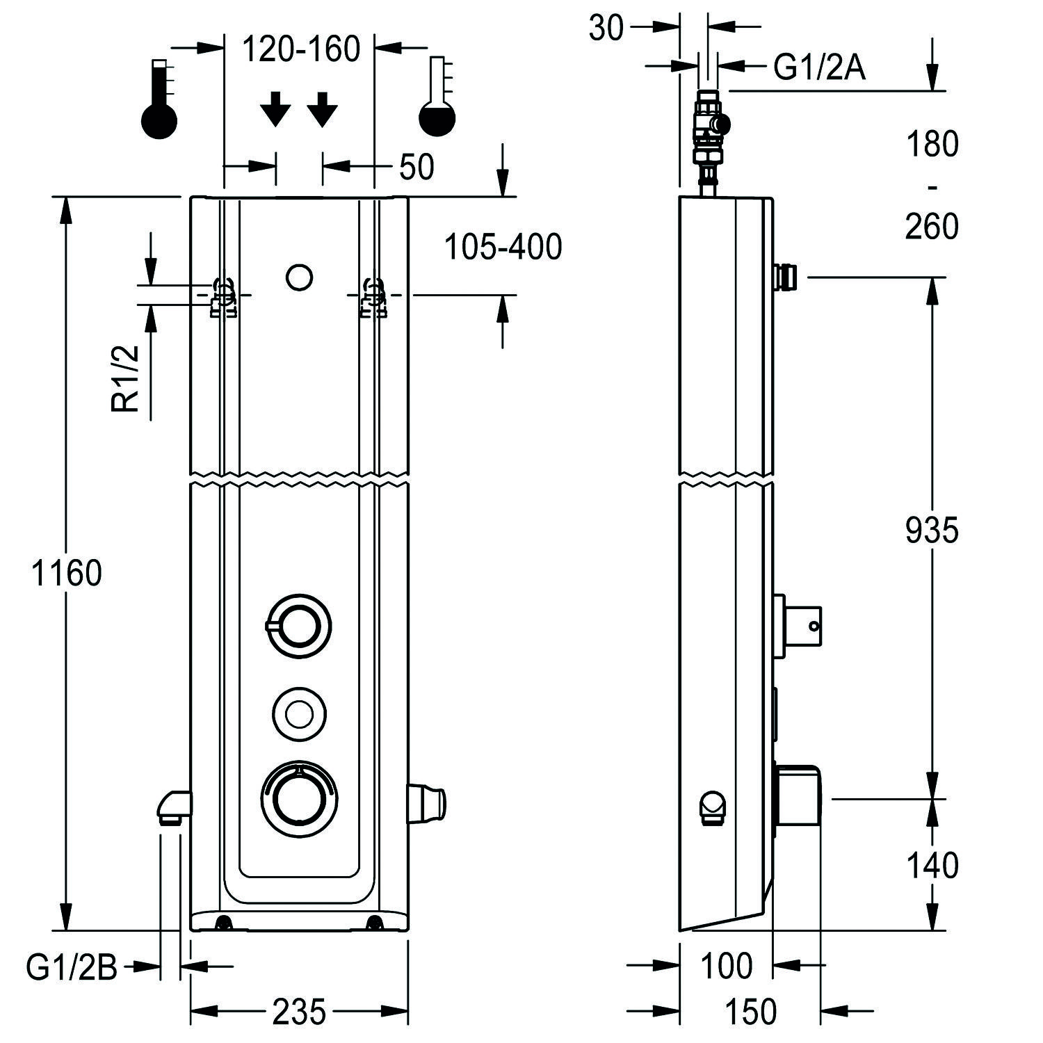 Technische Zeichnung einer Sanitäreinheit mit Vorder- und Seitenansicht und Maßangaben. Wichtige Abmessungen sind 1160 mm Höhe und 235 mm Breite.