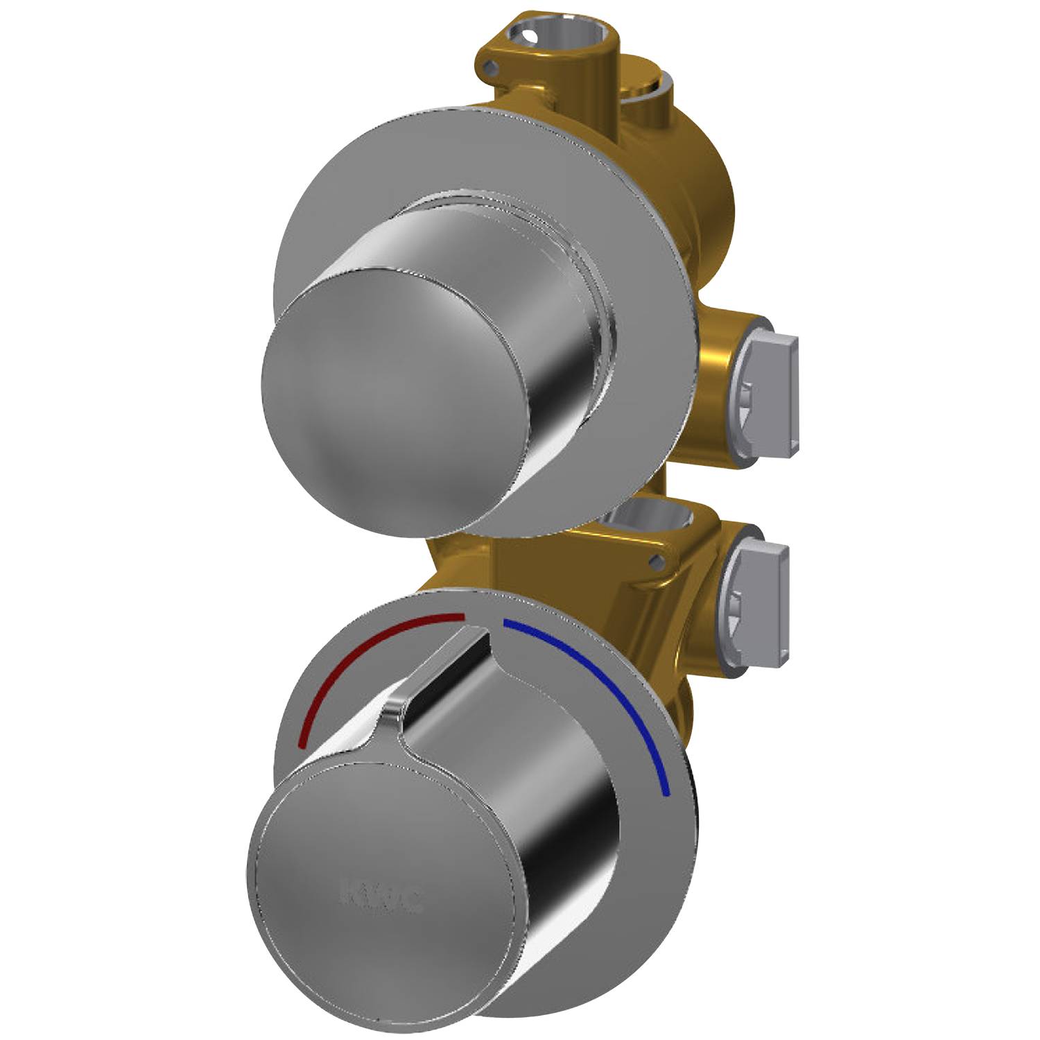 Chrom-Thermostat-Duscharmatur mit zwei Bedienknöpfen, gekennzeichnet mit KWG. Der obere Knopf reguliert die Temperatur; der untere Knopf steuert den Wasserdurchfluss, hervorgehoben mit roten und blauen Markierungen.
