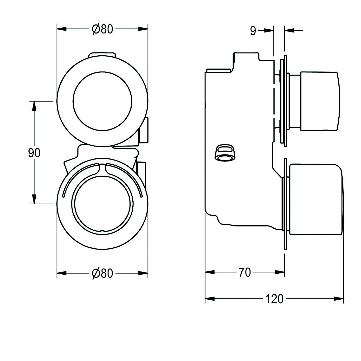 Technische Zeichnung einer Doppelkreisventilarmatur mit Abmessungen: Durchmesser 80 mm, Höhe 90 mm, Tiefe 120 mm, Breite 9 mm.