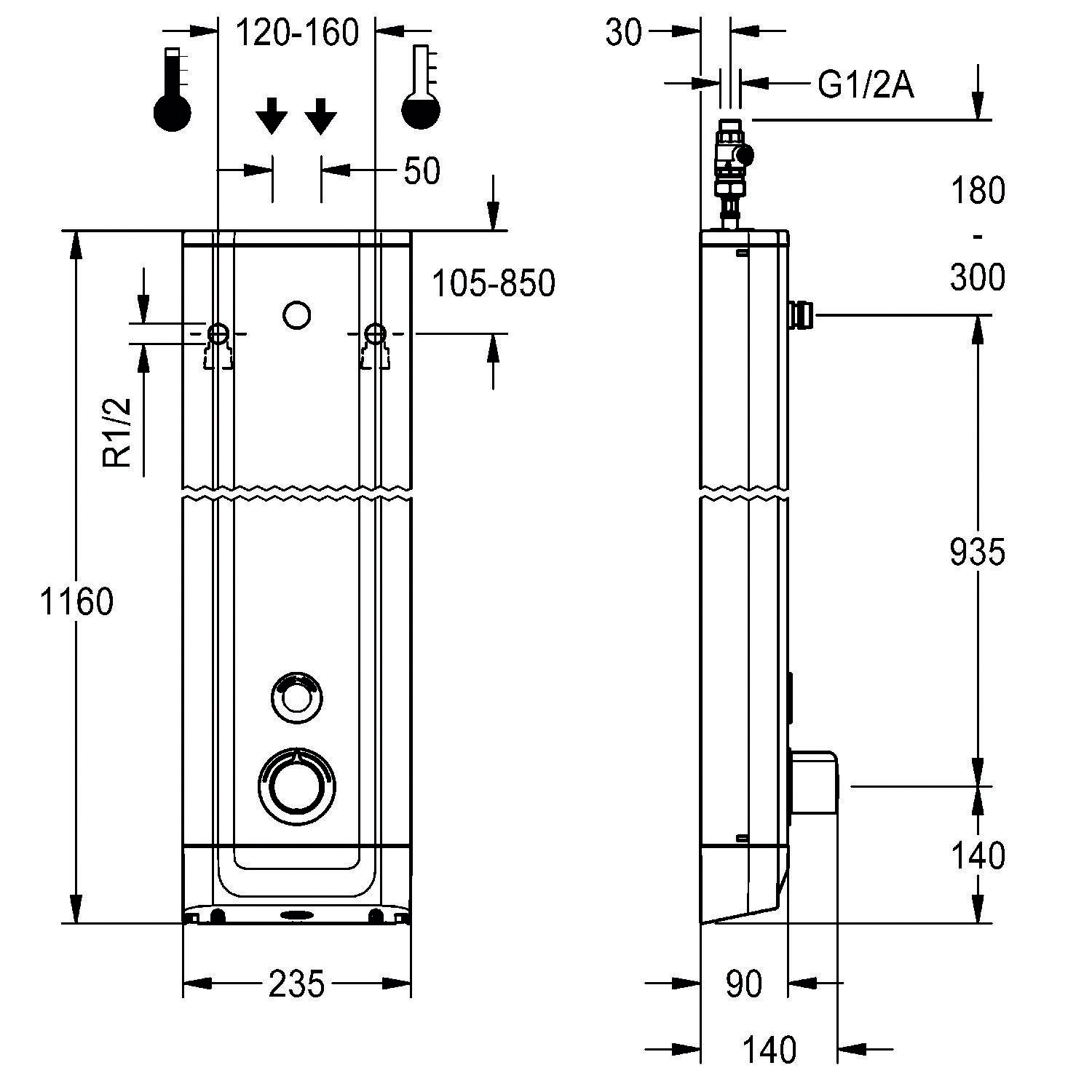 Technische Zeichnung eines Warmwasserbereiters mit Abmessungen: Frontalhöhe 1160 mm, Breite 235 mm; Seitentiefe 140 mm, Höhe 935 mm. Rohrdetails enthalten.